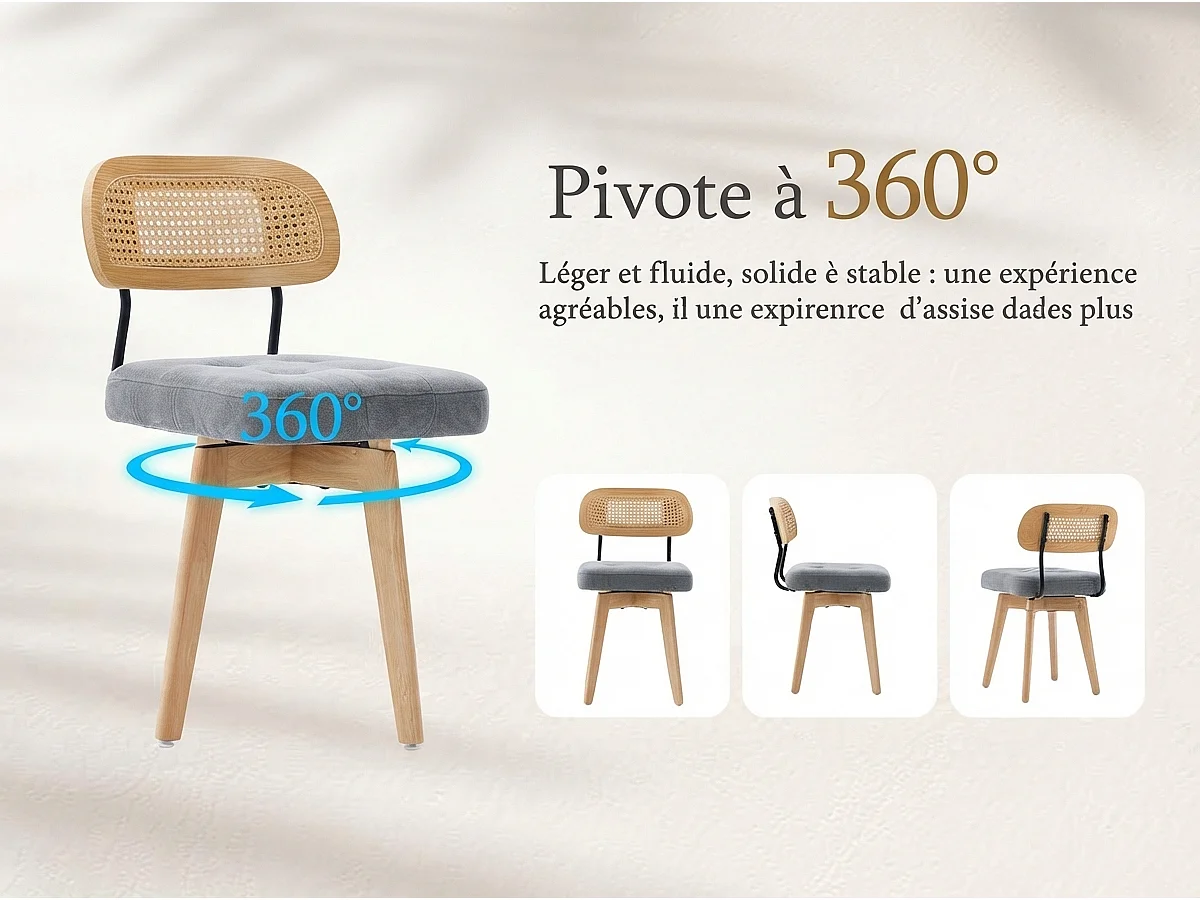 Aura - Set van 2 360° Draaibare Eetkamerstoelen - Chenille Zitting, Gevlochten Rattan Rugleuning, Zwarte Metalen Poten, 43x50x77 cm
