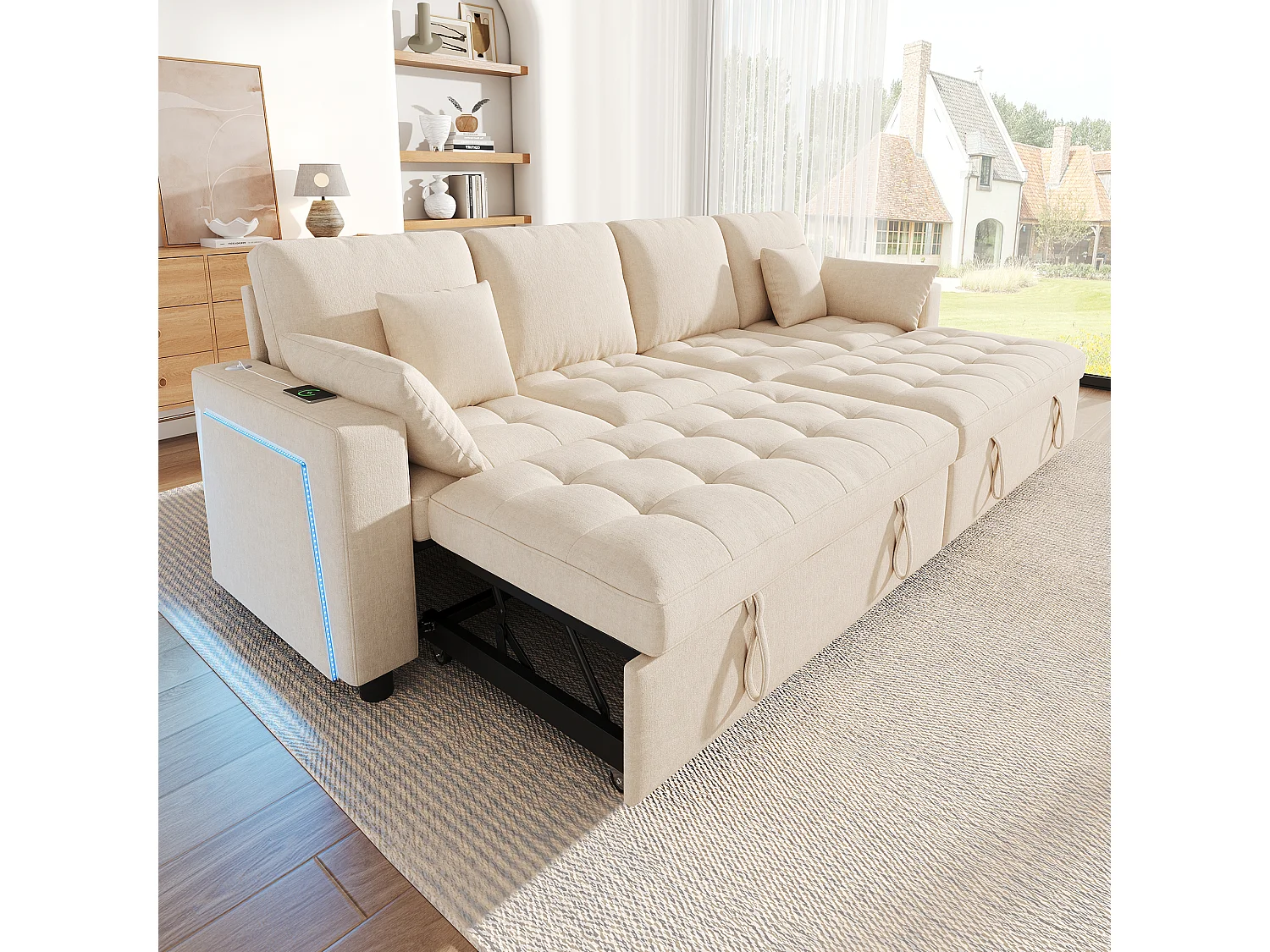 Canapé d'angle convertible en L – 4 places – Avec éclairage LED + ports USB/Type-C – Inclut 2 coussins de dossier + 2 coussins lombaires – beige