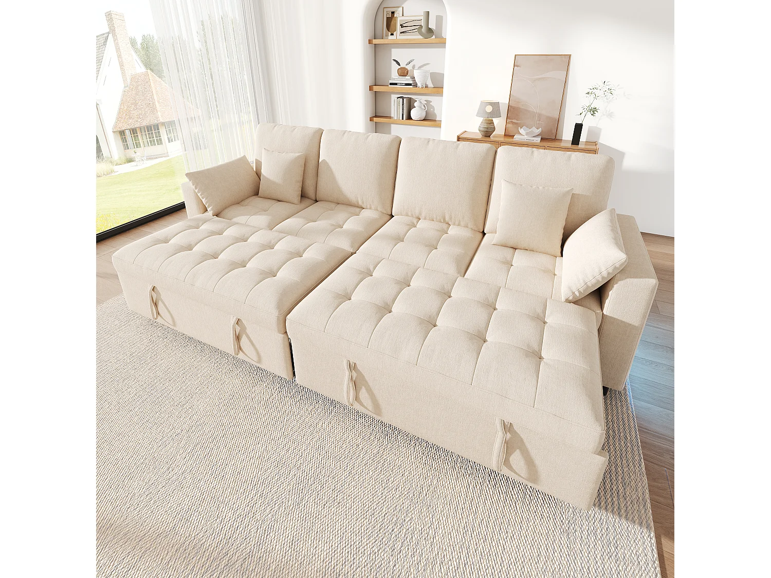 Canapé d'angle convertible en L – 4 places – Avec éclairage LED + ports USB/Type-C – Inclut 2 coussins de dossier + 2 coussins lombaires – beige