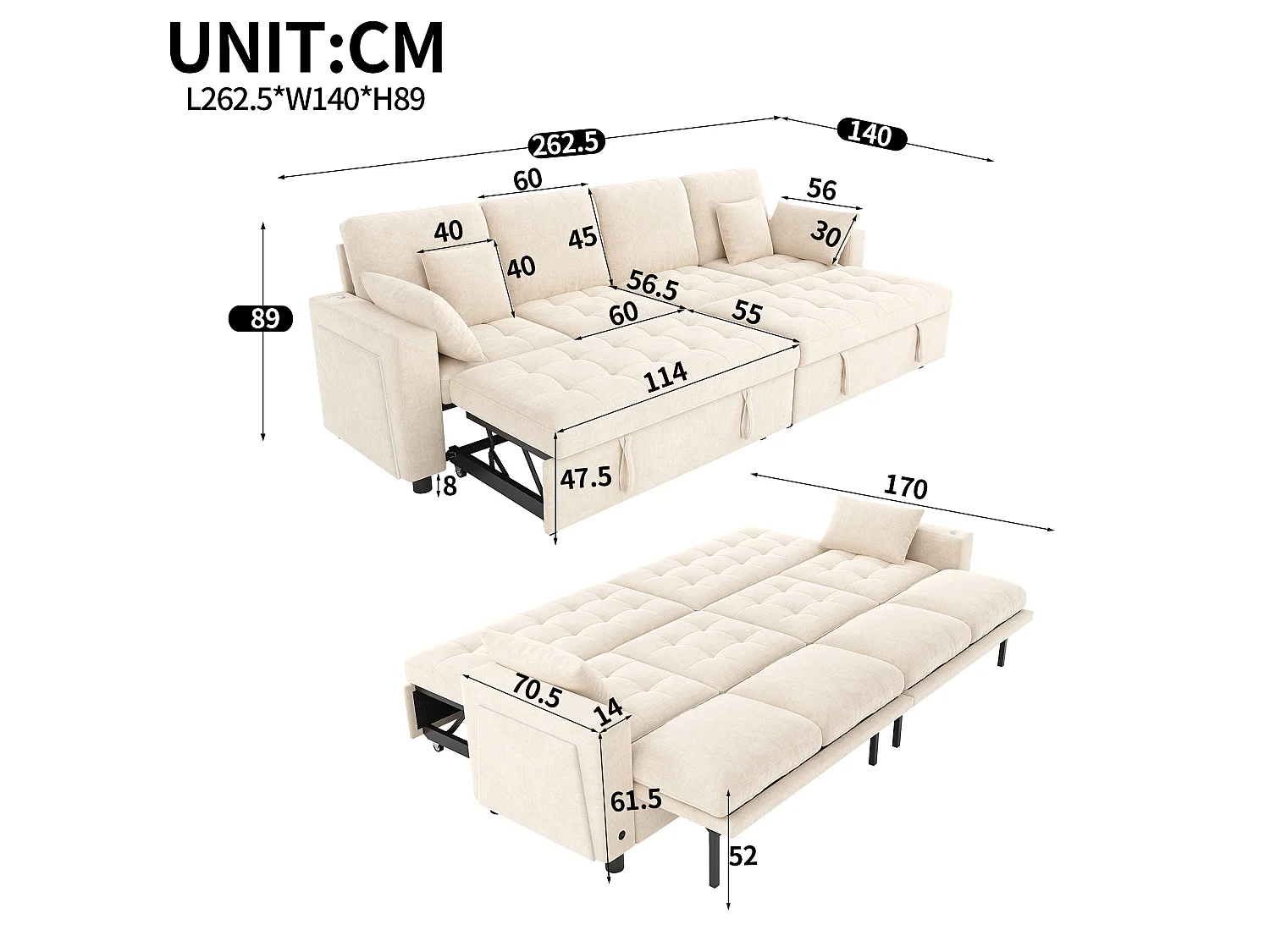 Canapé d'angle convertible en L – 4 places – Avec éclairage LED + ports USB/Type-C – Inclut 2 coussins de dossier + 2 coussins lombaires – beige