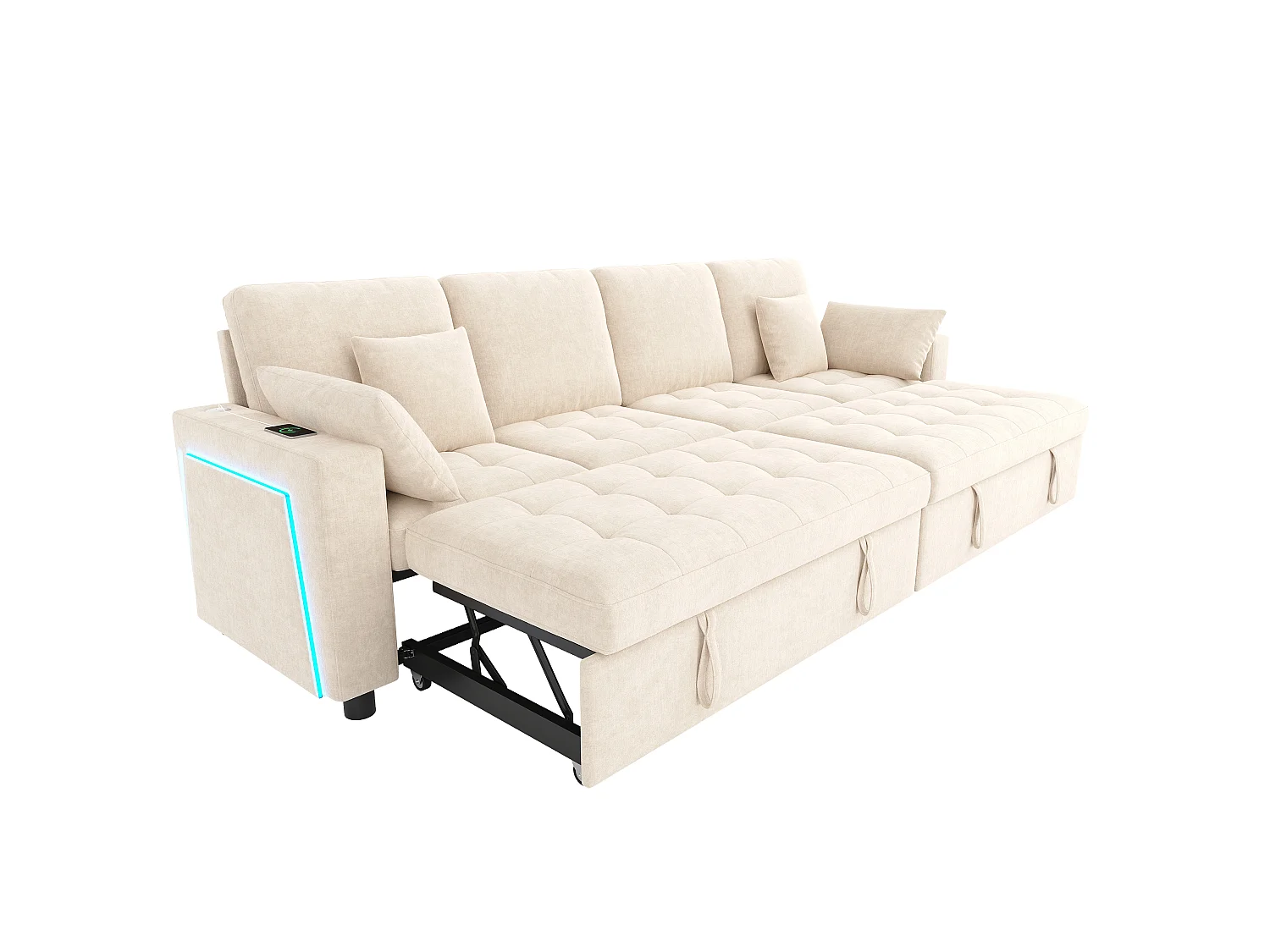 Canapé d'angle convertible en L – 4 places – Avec éclairage LED + ports USB/Type-C – Inclut 2 coussins de dossier + 2 coussins lombaires – beige