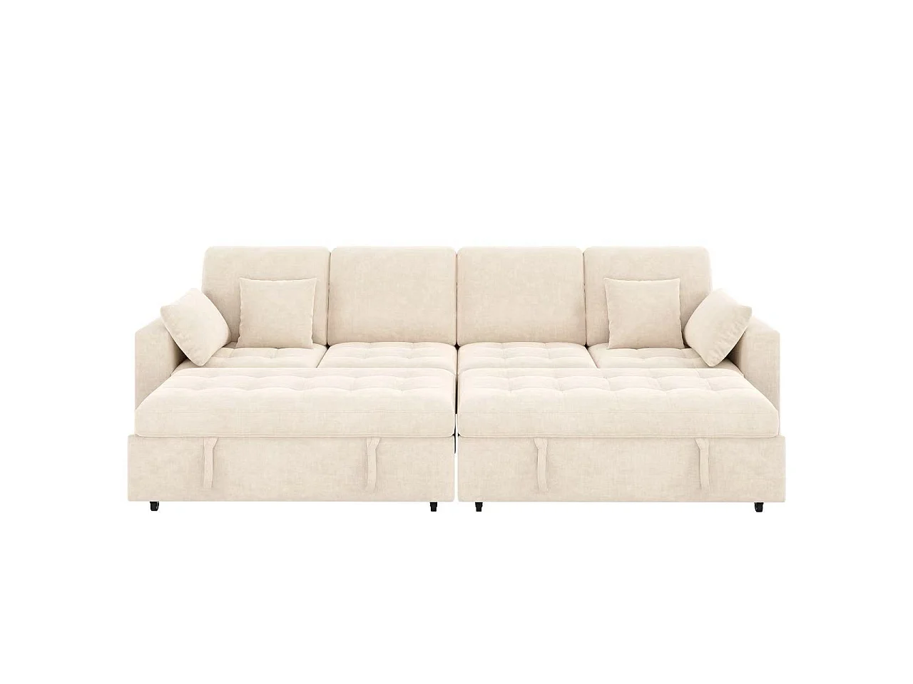 Canapé d'angle convertible en L – 4 places – Avec éclairage LED + ports USB/Type-C – Inclut 2 coussins de dossier + 2 coussins lombaires – beige