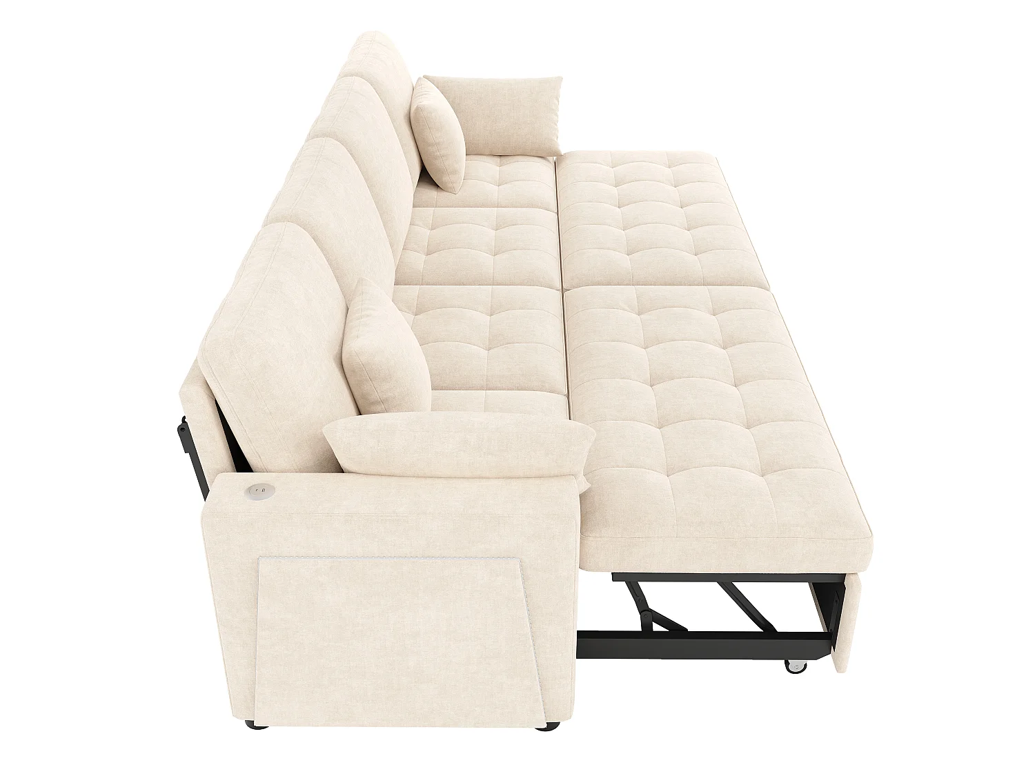 Canapé d'angle convertible en L – 4 places – Avec éclairage LED + ports USB/Type-C – Inclut 2 coussins de dossier + 2 coussins lombaires – beige