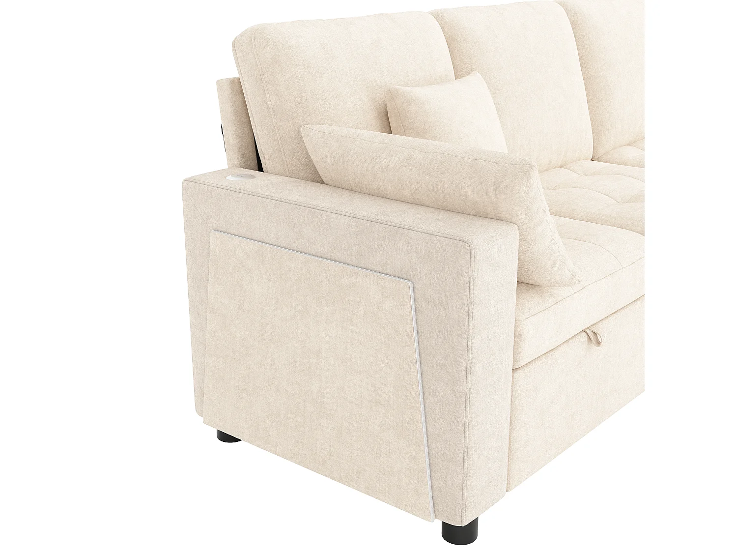 Canapé d'angle convertible en L – 4 places – Avec éclairage LED + ports USB/Type-C – Inclut 2 coussins de dossier + 2 coussins lombaires – beige