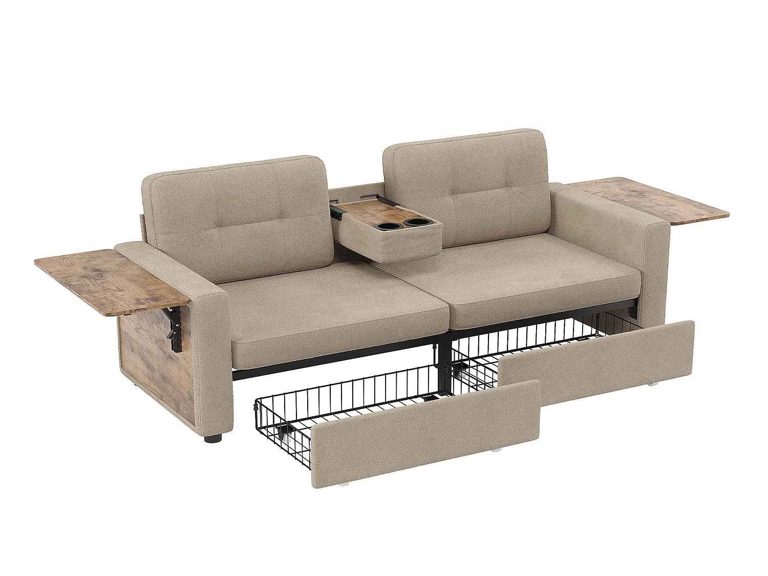 2-Zits Bank met Opbergruimte voor Woonkamer & Studio - Alles-in-Eén Sofa voor Kleine Ruimtes, Laden, Tafeltjes, Bekershouders, Chenille Stof