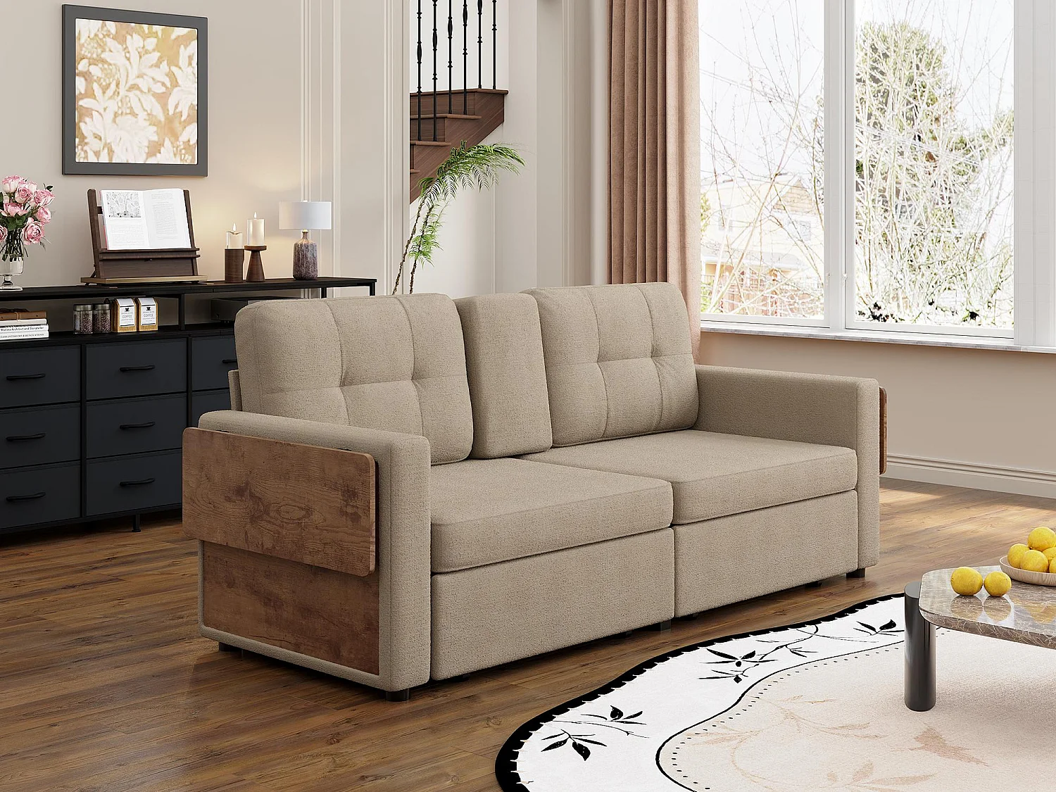 2-Zits Bank met Opbergruimte voor Woonkamer & Studio - Alles-in-Eén Sofa voor Kleine Ruimtes, Laden, Tafeltjes, Bekershouders, Chenille Stof