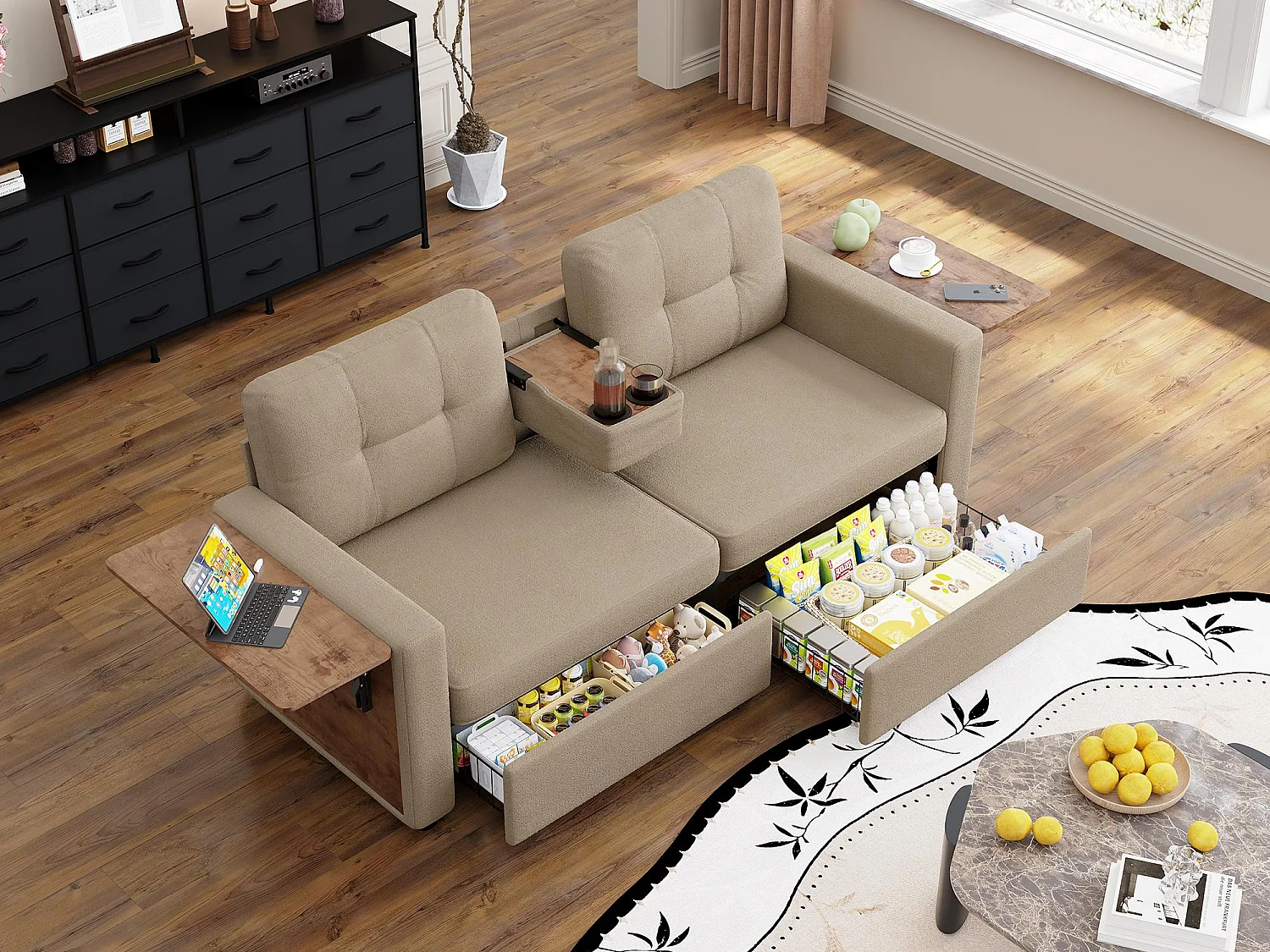2-Zits Bank met Opbergruimte voor Woonkamer & Studio - Alles-in-Eén Sofa voor Kleine Ruimtes, Laden, Tafeltjes, Bekershouders, Chenille Stof
