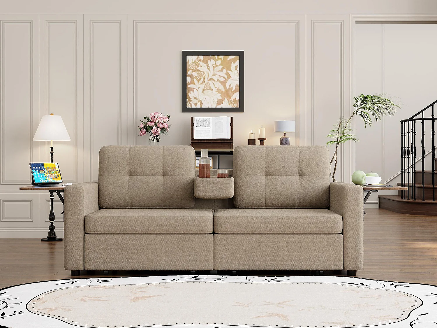 2-Zits Bank met Opbergruimte voor Woonkamer & Studio - Alles-in-Eén Sofa voor Kleine Ruimtes, Laden, Tafeltjes, Bekershouders, Chenille Stof
