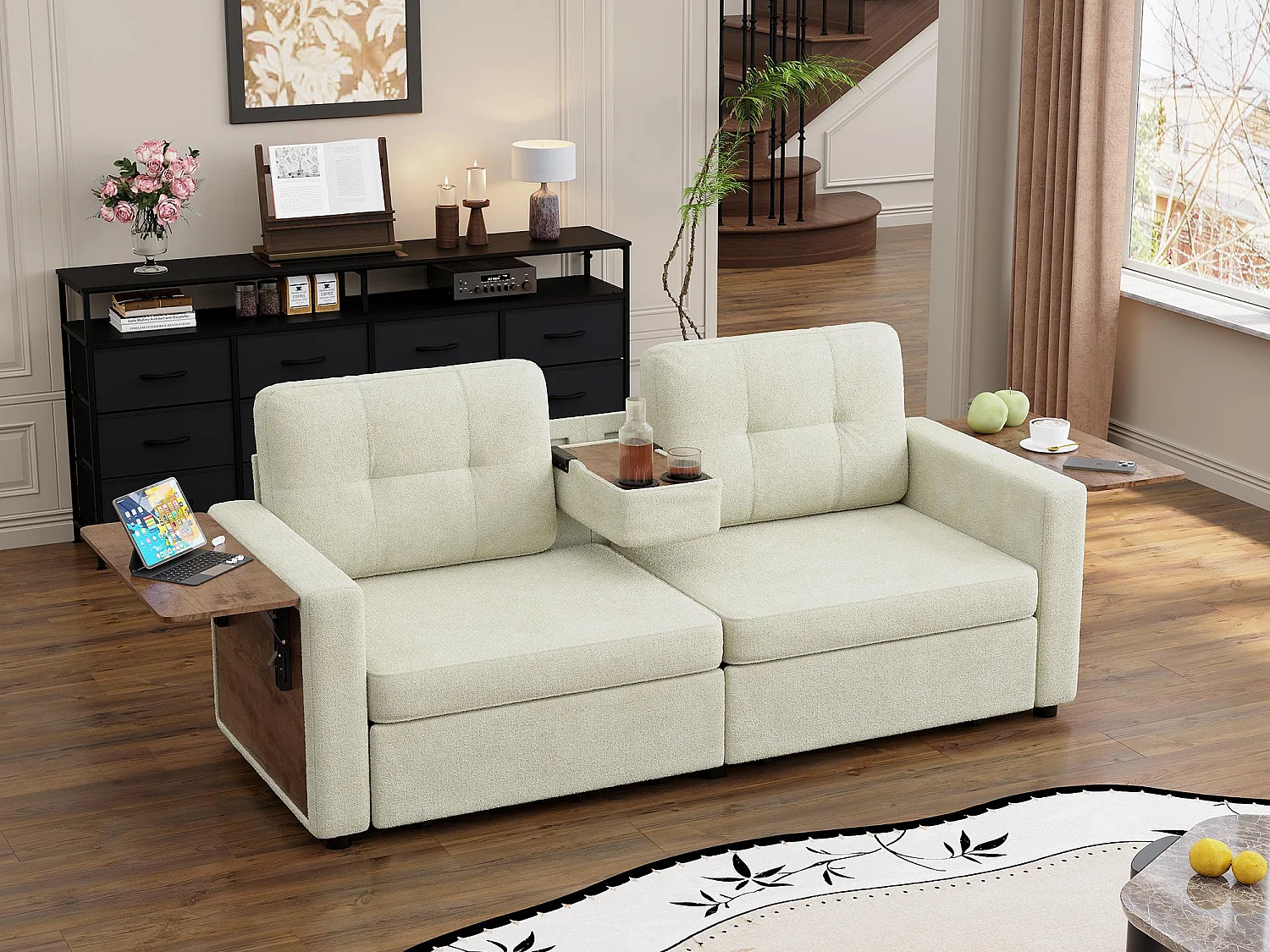 2-Zits Bank met Opbergruimte voor Woonkamer & Studio - Alles-in-Eén Sofa voor Kleine Ruimtes, Laden, Tafeltjes, Bekershouders, Chenille Stof