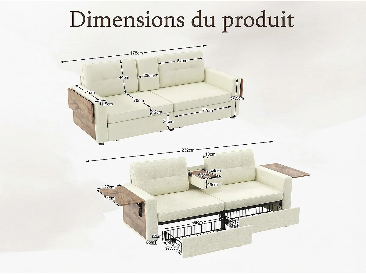 Canapé 2 Places avec Rangement pour Salon & Studio - Canapé Petit Espace Tout-en-Un, Tiroirs, Tablettes, Porte-Gobelets, Tissu Chenille