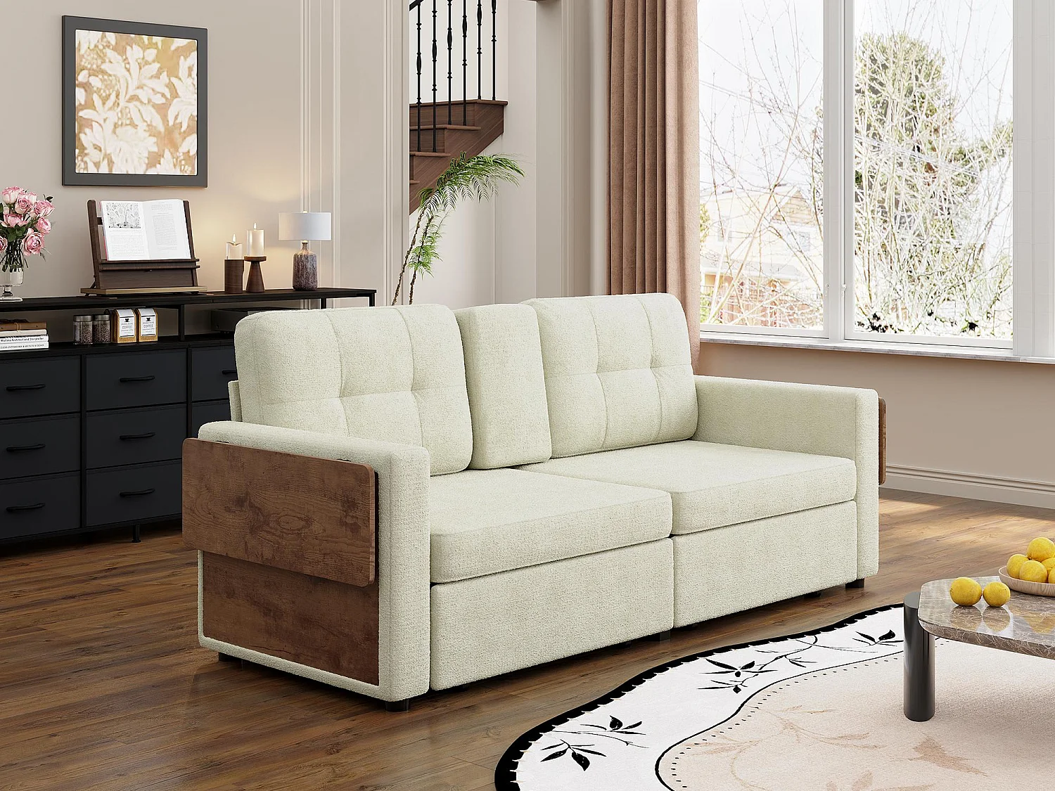 2-Zits Bank met Opbergruimte voor Woonkamer & Studio - Alles-in-Eén Sofa voor Kleine Ruimtes, Laden, Tafeltjes, Bekershouders, Chenille Stof