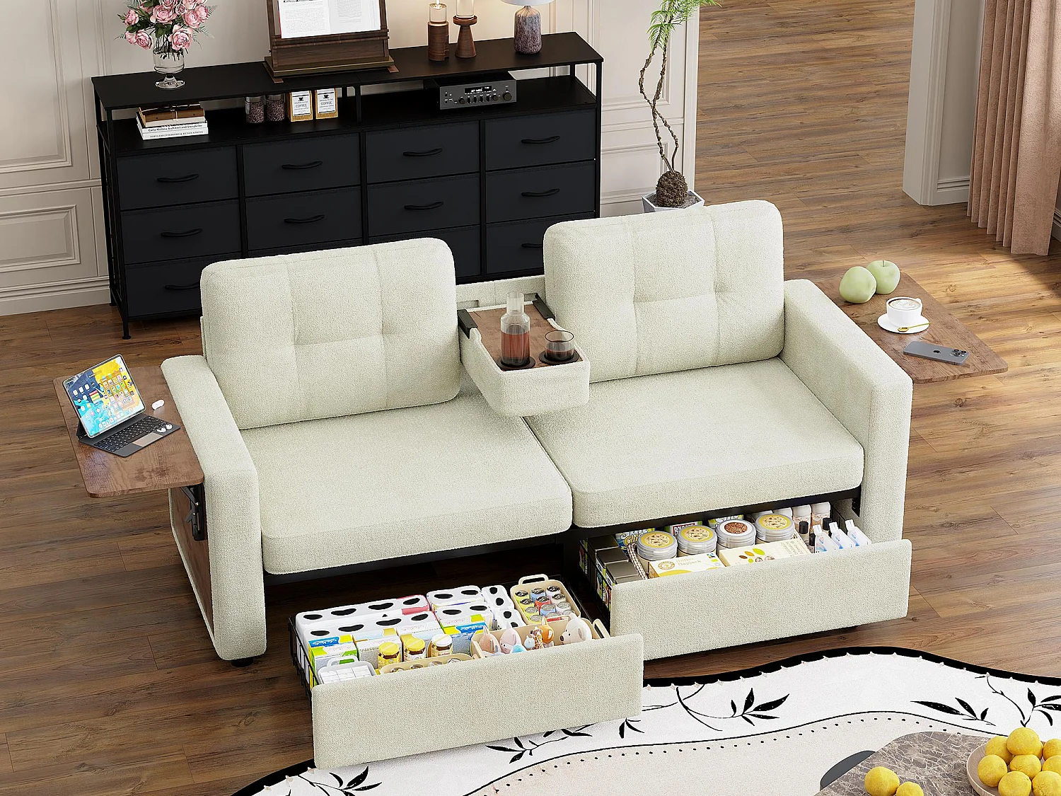2-Zits Bank met Opbergruimte voor Woonkamer & Studio - Alles-in-Eén Sofa voor Kleine Ruimtes, Laden, Tafeltjes, Bekershouders, Chenille Stof