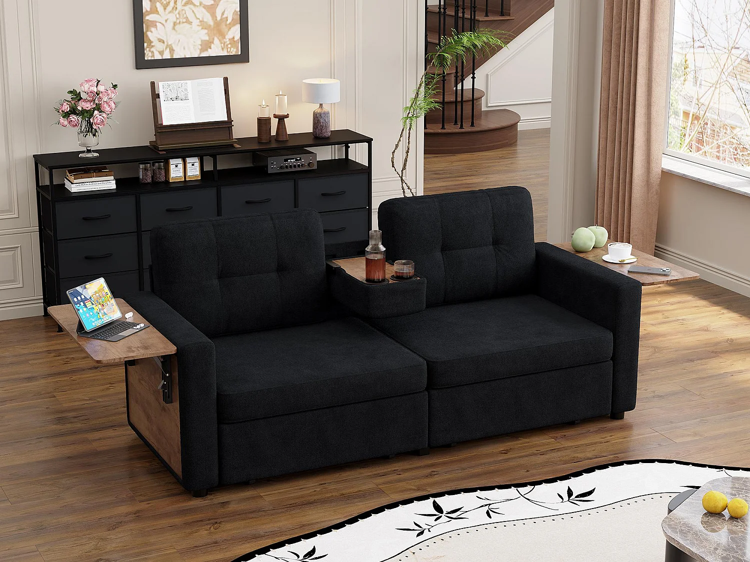 2-Zits Bank met Opbergruimte voor Woonkamer & Studio - Alles-in-Eén Sofa voor Kleine Ruimtes, Laden, Tafeltjes, Bekershouders, Chenille Stof