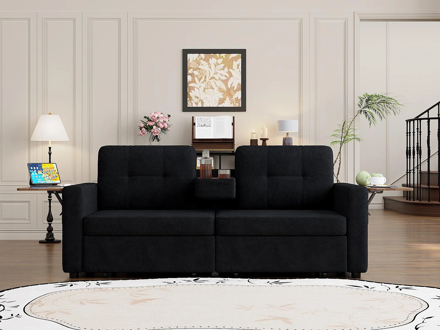 2-Zits Bank met Opbergruimte voor Woonkamer & Studio - Alles-in-Eén Sofa voor Kleine Ruimtes, Laden, Tafeltjes, Bekershouders, Chenille Stof
