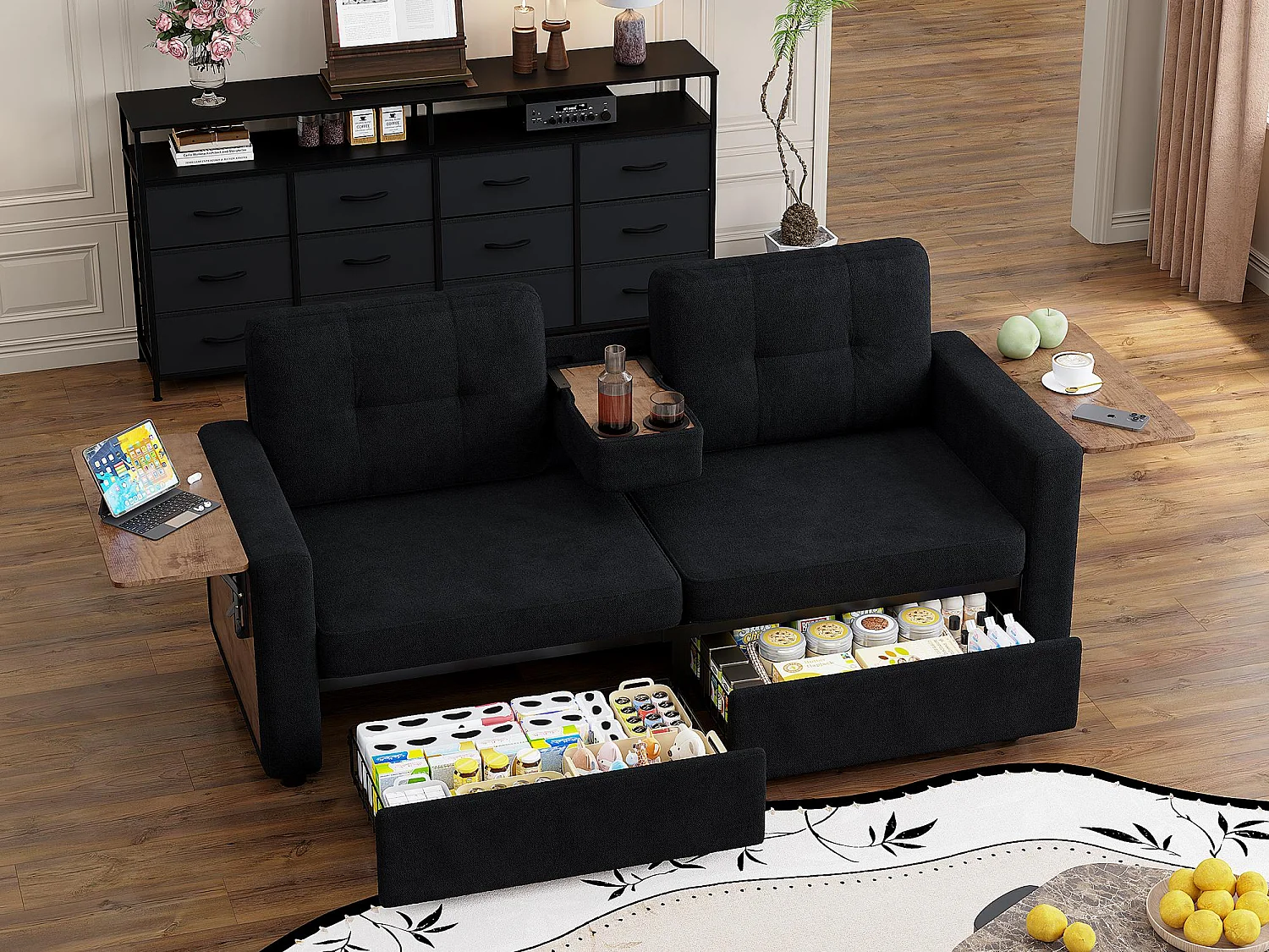 2-Zits Bank met Opbergruimte voor Woonkamer & Studio - Alles-in-Eén Sofa voor Kleine Ruimtes, Laden, Tafeltjes, Bekershouders, Chenille Stof