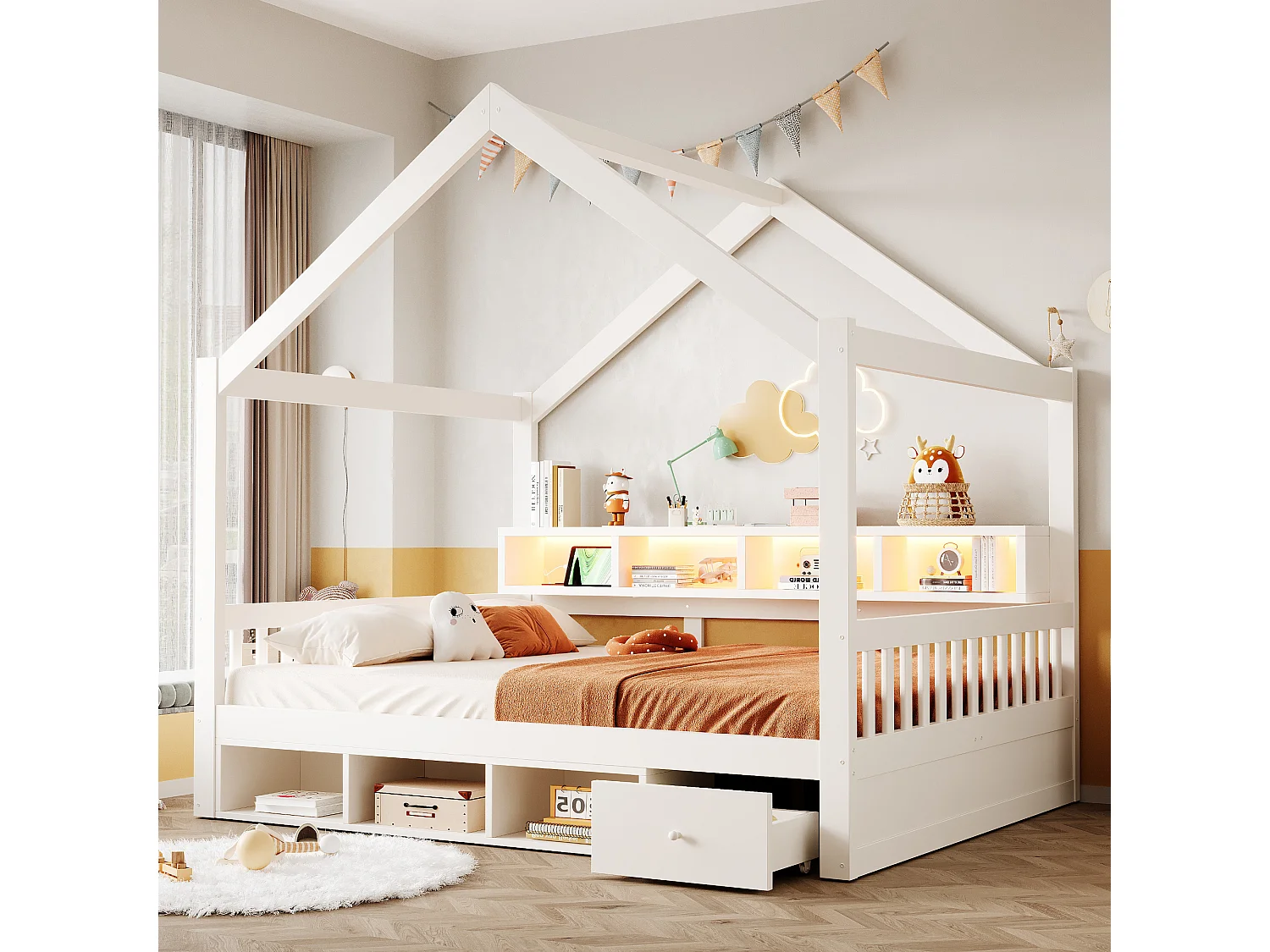 Kabinenbett für Kinder 140 × 200 cm – mit Stauraum – mit 1 Schublade – mit LED-Beleuchtung – mit Steckdose – Weiß (Matratze nicht enthalten)