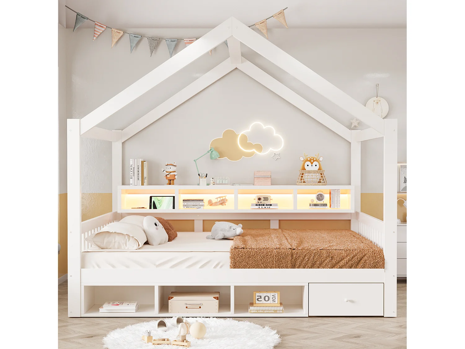 Kabinenbett für Kinder 140 × 200 cm – mit Stauraum – mit 1 Schublade – mit LED-Beleuchtung – mit Steckdose – Weiß (Matratze nicht enthalten)