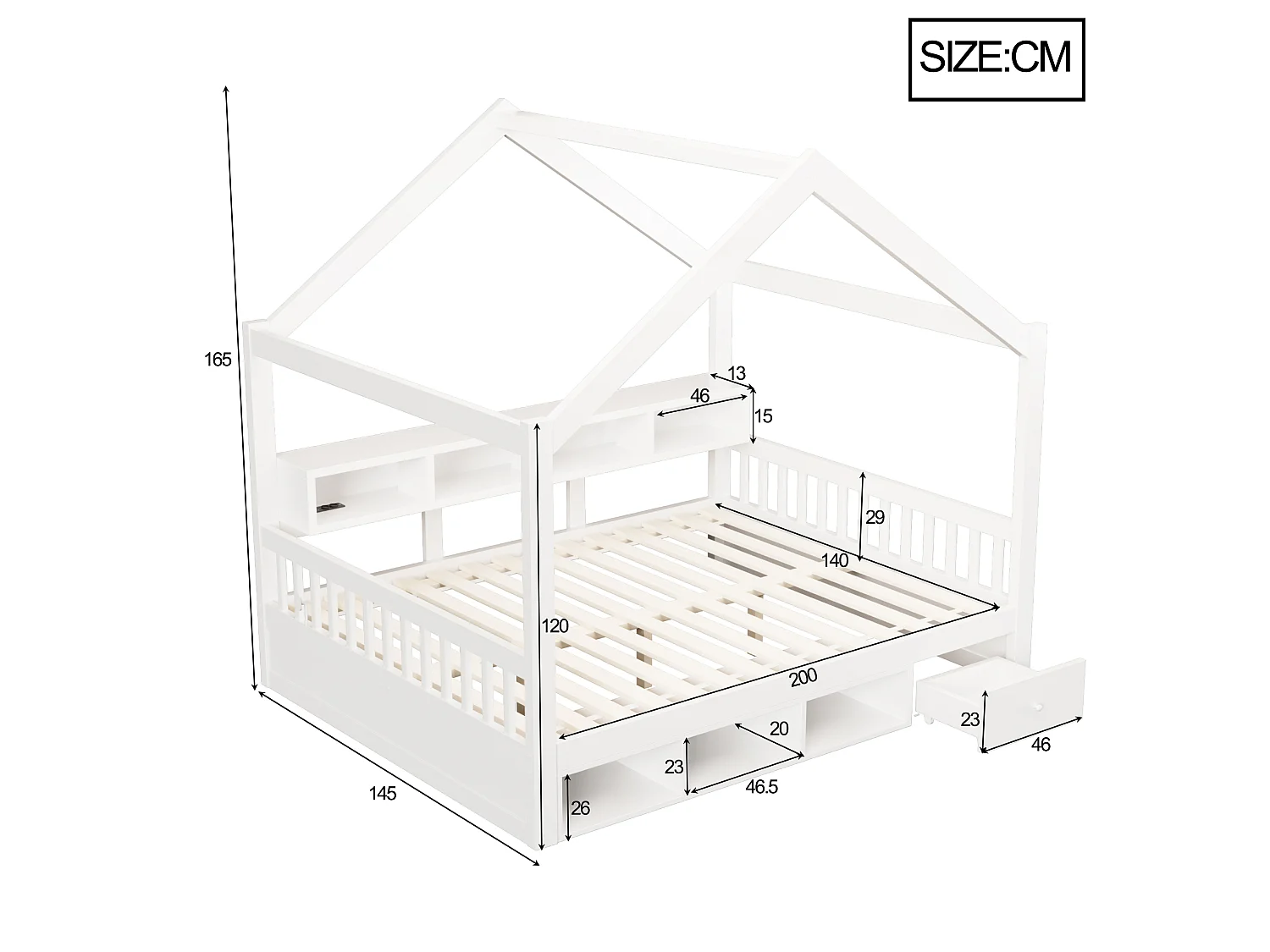 Kabinenbett für Kinder 140 × 200 cm – mit Stauraum – mit 1 Schublade – mit LED-Beleuchtung – mit Steckdose – Weiß (Matratze nicht enthalten)