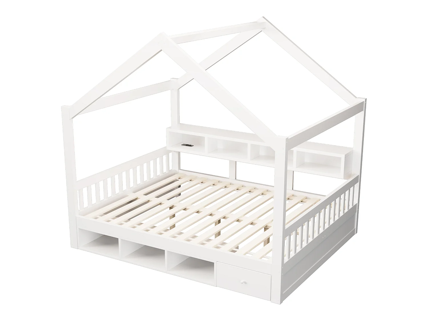 Kabinenbett für Kinder 140 × 200 cm – mit Stauraum – mit 1 Schublade – mit LED-Beleuchtung – mit Steckdose – Weiß (Matratze nicht enthalten)
