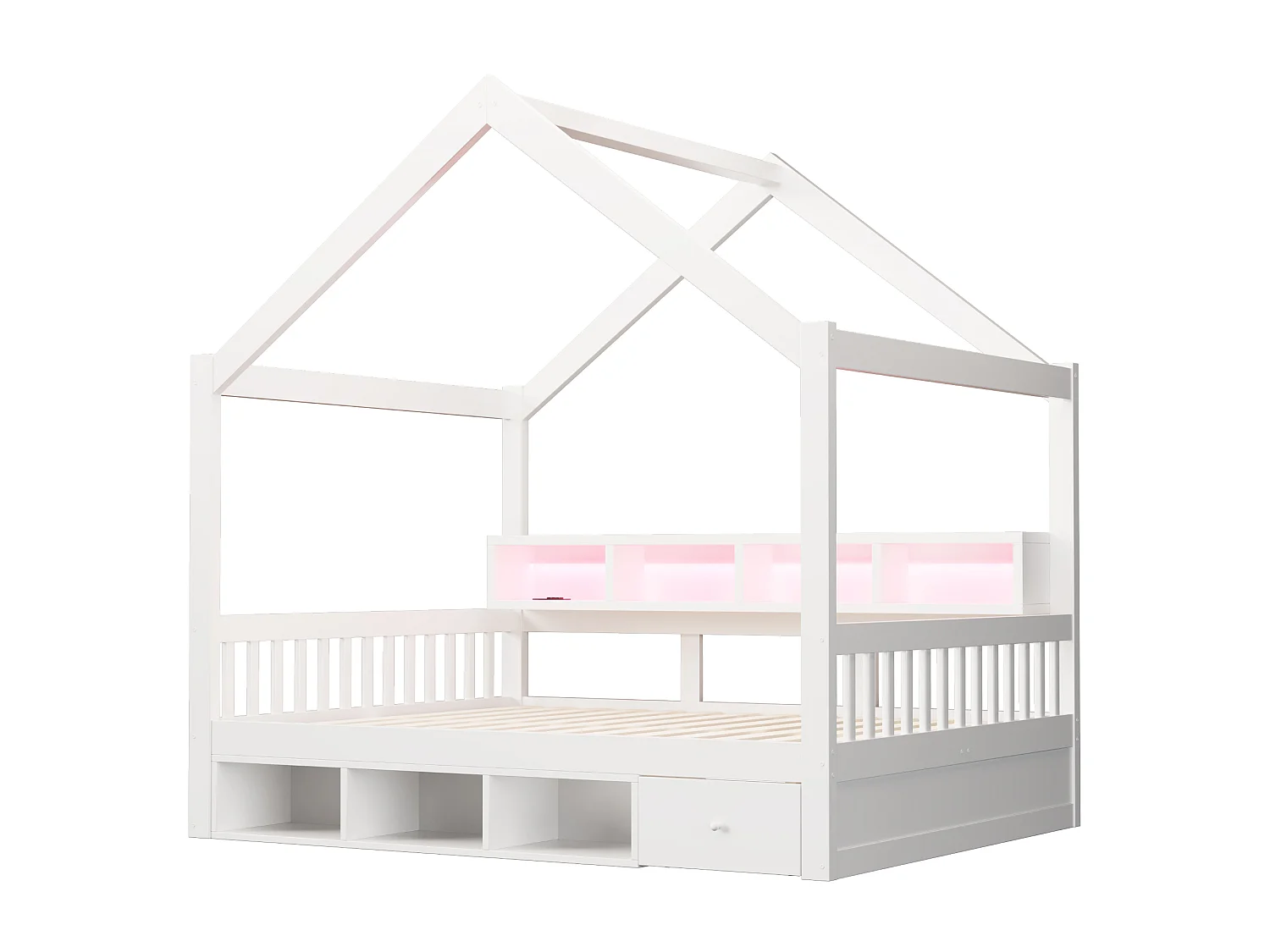 Kabinenbett für Kinder 140 × 200 cm – mit Stauraum – mit 1 Schublade – mit LED-Beleuchtung – mit Steckdose – Weiß (Matratze nicht enthalten)