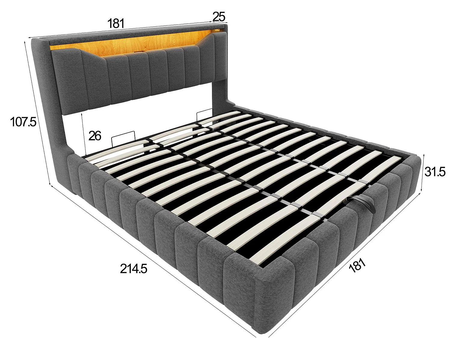 Opbergbed 180x200 cm - Gestoffeerd Volwassen & Kinder Bed, Hydraulische Veren, Ergonomisches Hoofdbord, LED, USB/Type-C en BeIGE Stof