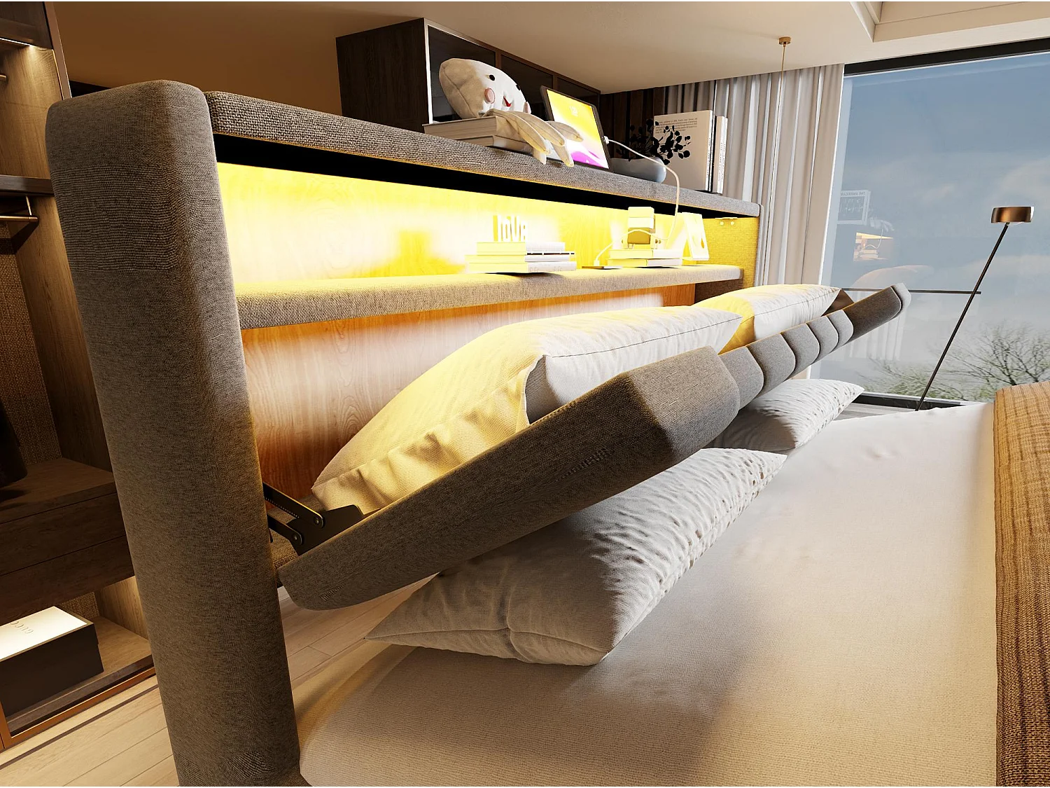 Opbergbed 180x200 cm - Gestoffeerd Volwassen & Kinder Bed, Hydraulische Veren, Ergonomisches Hoofdbord, LED, USB/Type-C en BeIGE Stof