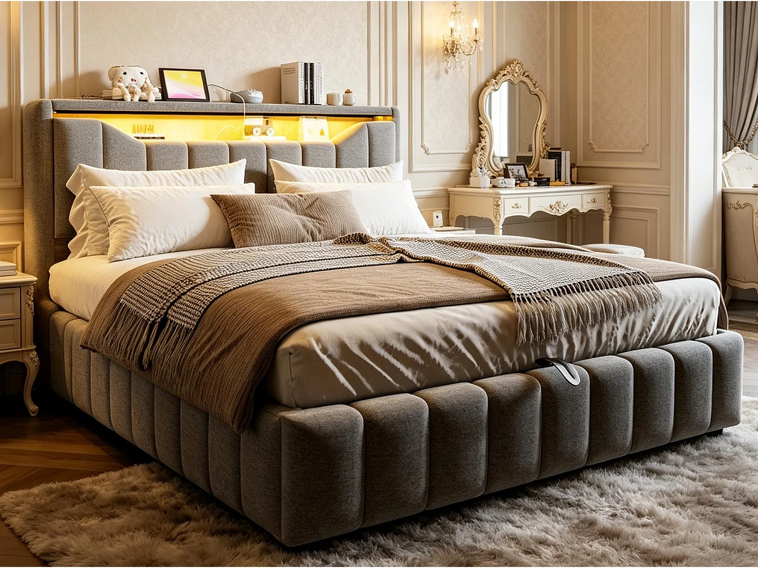 Opbergbed 180x200 cm - Gestoffeerd Volwassen & Kinder Bed, Hydraulische Veren, Ergonomisches Hoofdbord, LED, USB/Type-C en BeIGE Stof