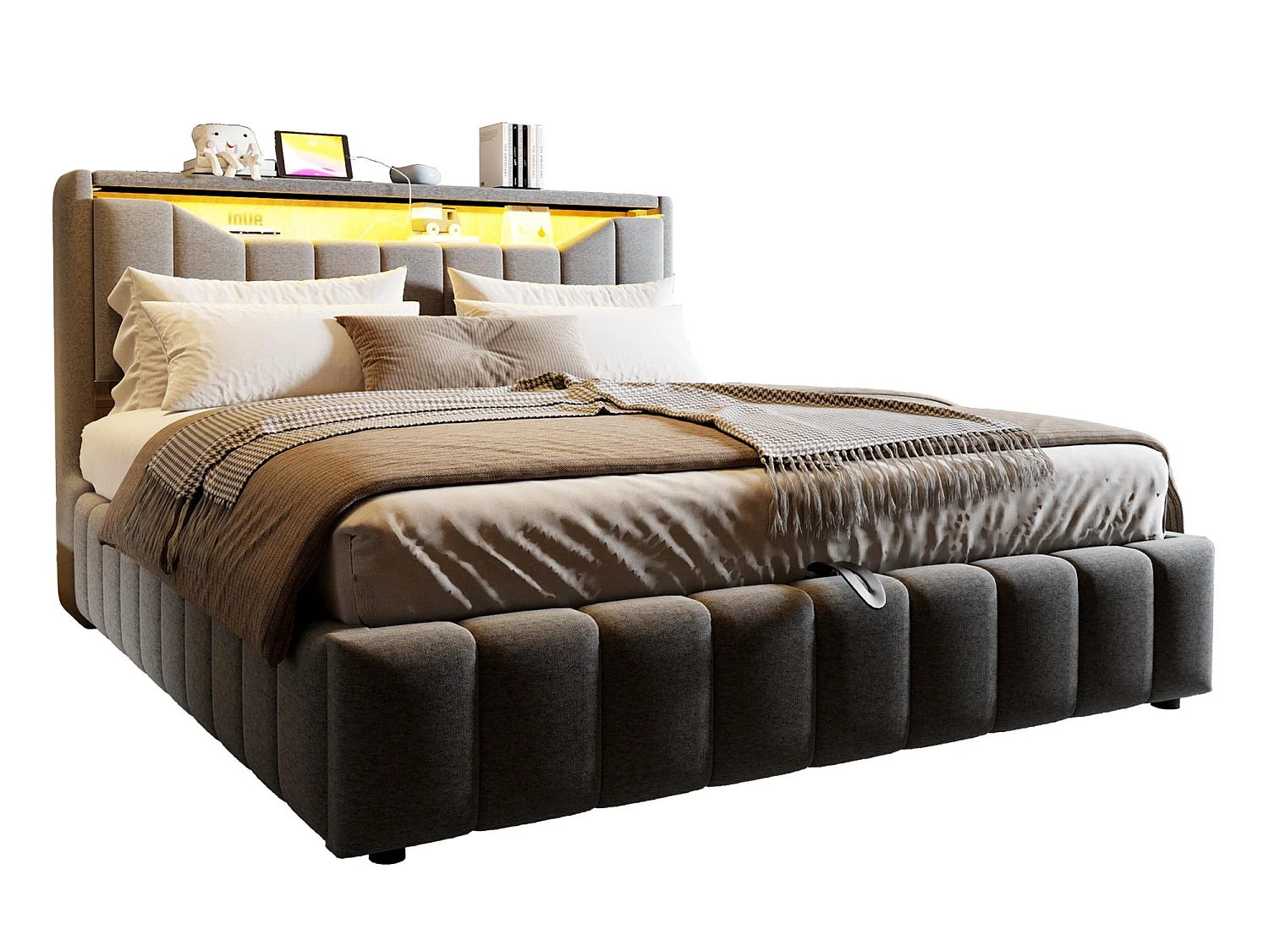 Opbergbed 180x200 cm - Gestoffeerd Volwassen & Kinder Bed, Hydraulische Veren, Ergonomisches Hoofdbord, LED, USB/Type-C en BeIGE Stof