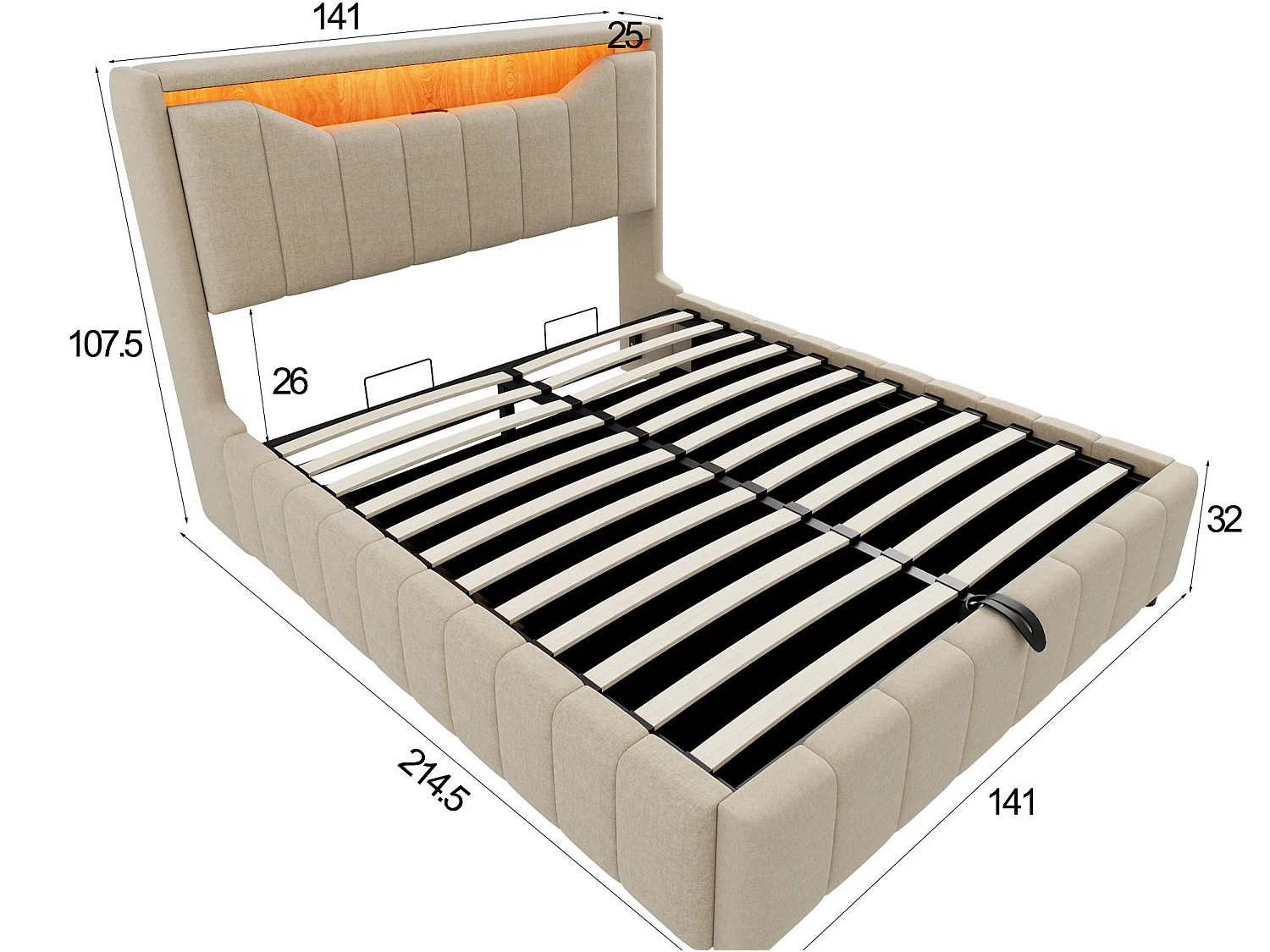 Opbergbed 140x200 cm - Gestoffeerd Volwassen & Kinder Bed, Hydraulische Veren, Ergonomisches Hoofdbord, LED, USB/Type-C en BeIGE Stof