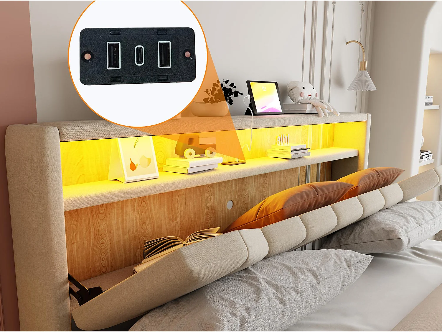 Opbergbed 140x200 cm - Gestoffeerd Volwassen & Kinder Bed, Hydraulische Veren, Ergonomisches Hoofdbord, LED, USB/Type-C en BeIGE Stof
