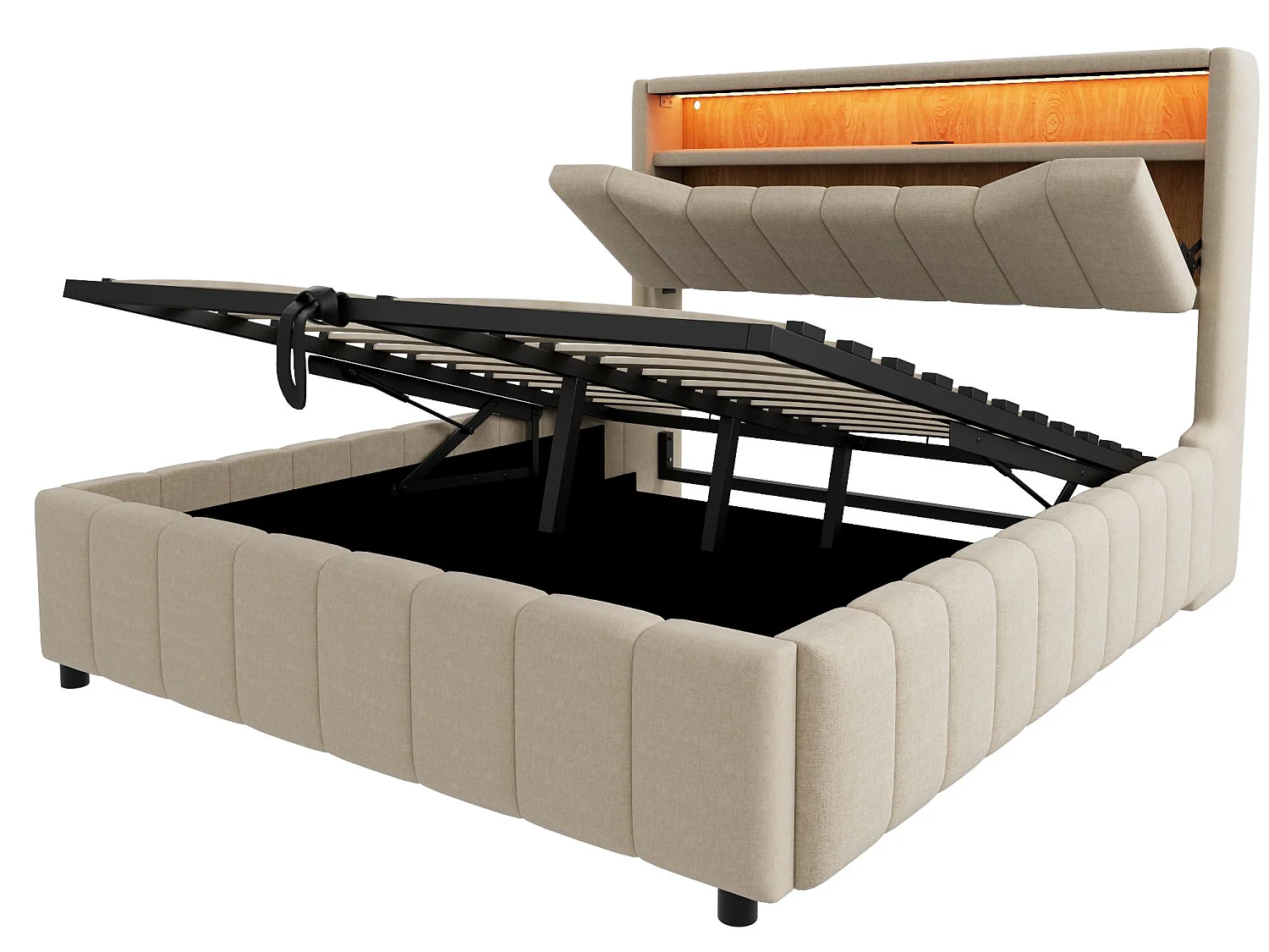 Opbergbed 140x200 cm - Gestoffeerd Volwassen & Kinder Bed, Hydraulische Veren, Ergonomisches Hoofdbord, LED, USB/Type-C en BeIGE Stof