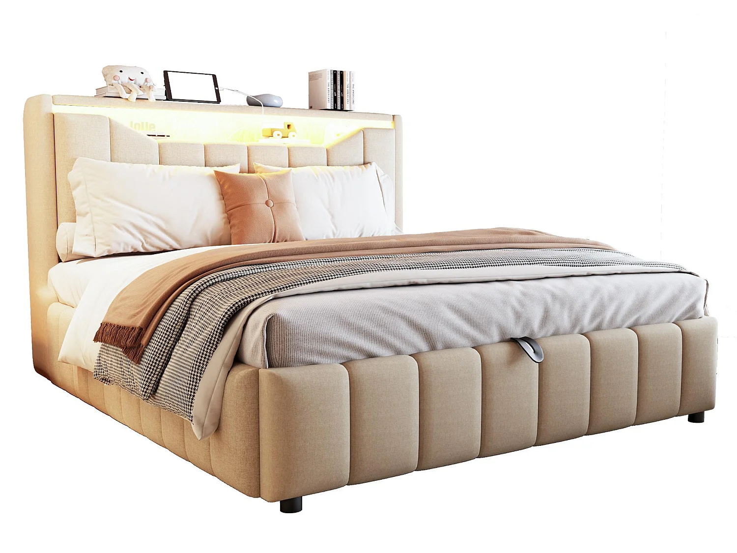Opbergbed 140x200 cm - Gestoffeerd Volwassen & Kinder Bed, Hydraulische Veren, Ergonomisches Hoofdbord, LED, USB/Type-C en BeIGE Stof