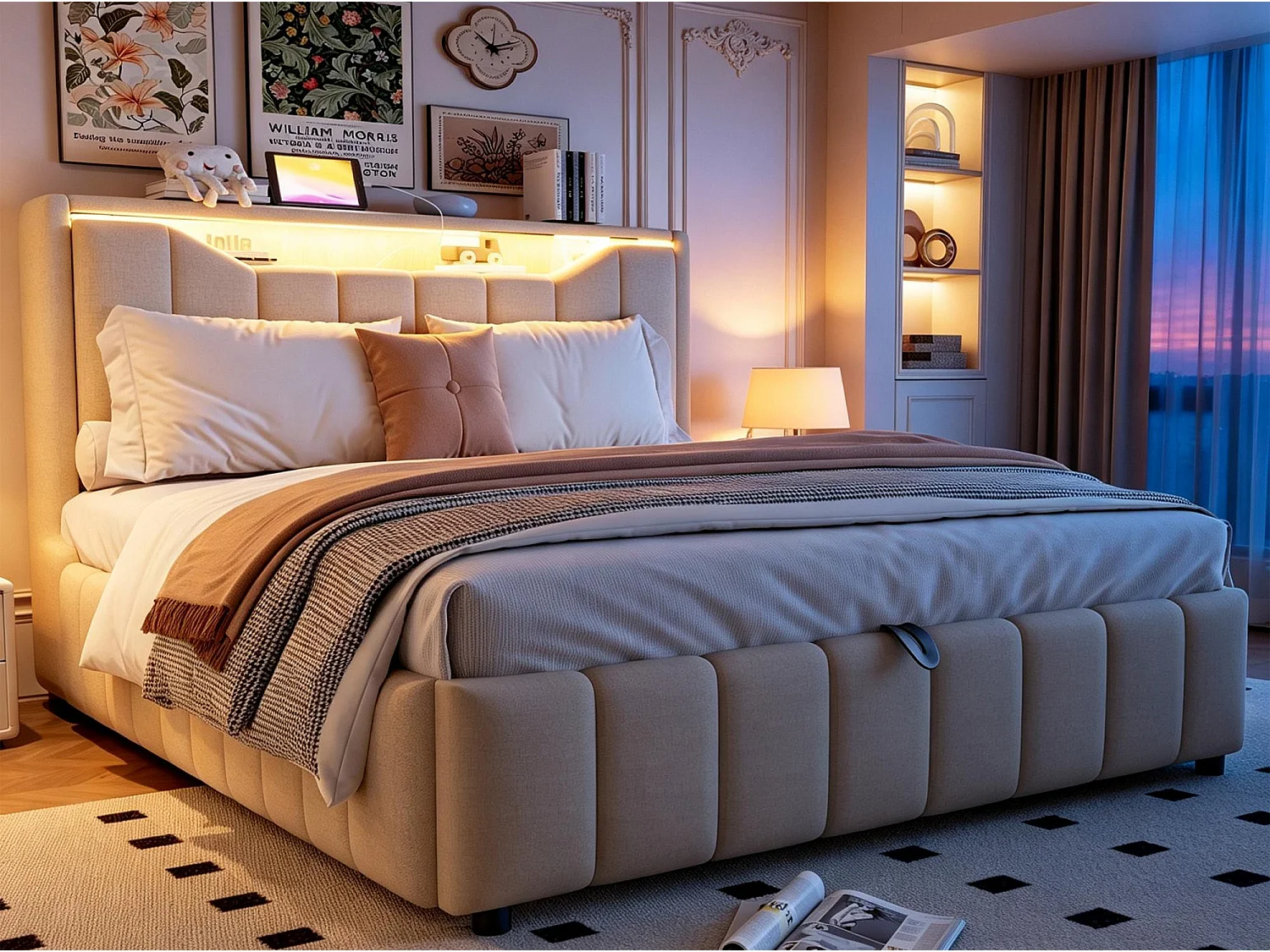 Opbergbed 140x200 cm - Gestoffeerd Volwassen & Kinder Bed, Hydraulische Veren, Ergonomisches Hoofdbord, LED, USB/Type-C en BeIGE Stof