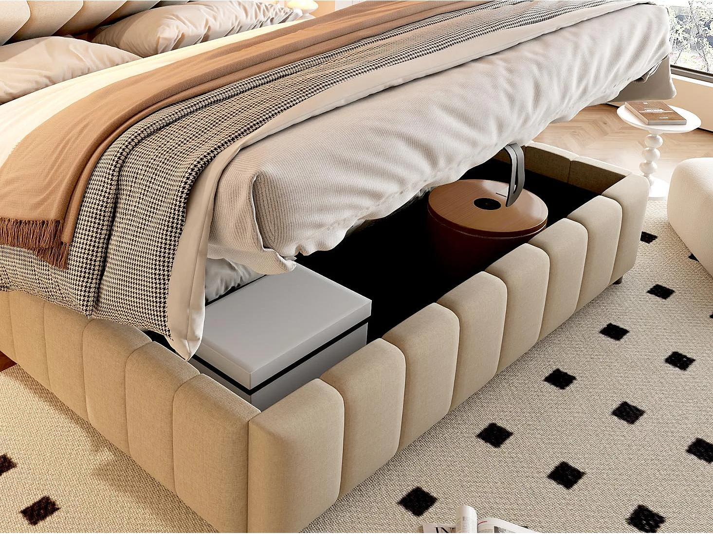 Opbergbed 140x200 cm - Gestoffeerd Volwassen & Kinder Bed, Hydraulische Veren, Ergonomisches Hoofdbord, LED, USB/Type-C en BeIGE Stof