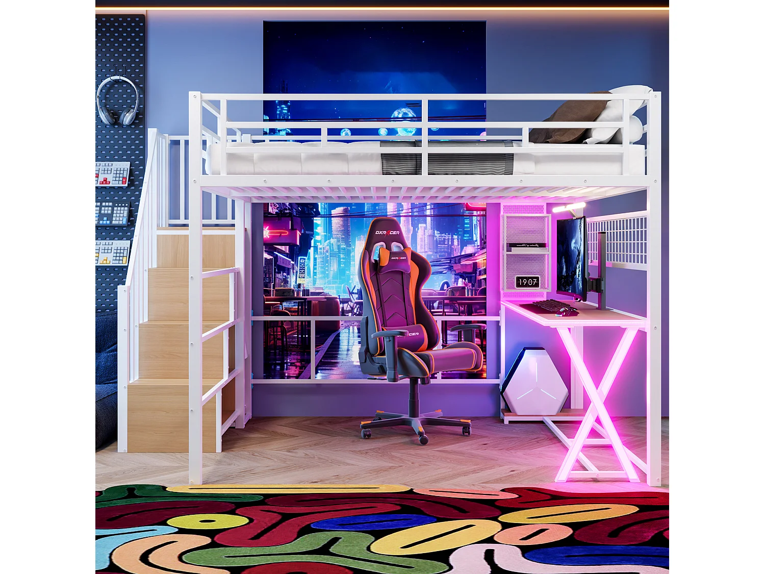 Lit mezzanine 160 x 200 cm – avec éclairage LED – échelle avec rangements – avec bureau – Blanc (matelas non inclus)