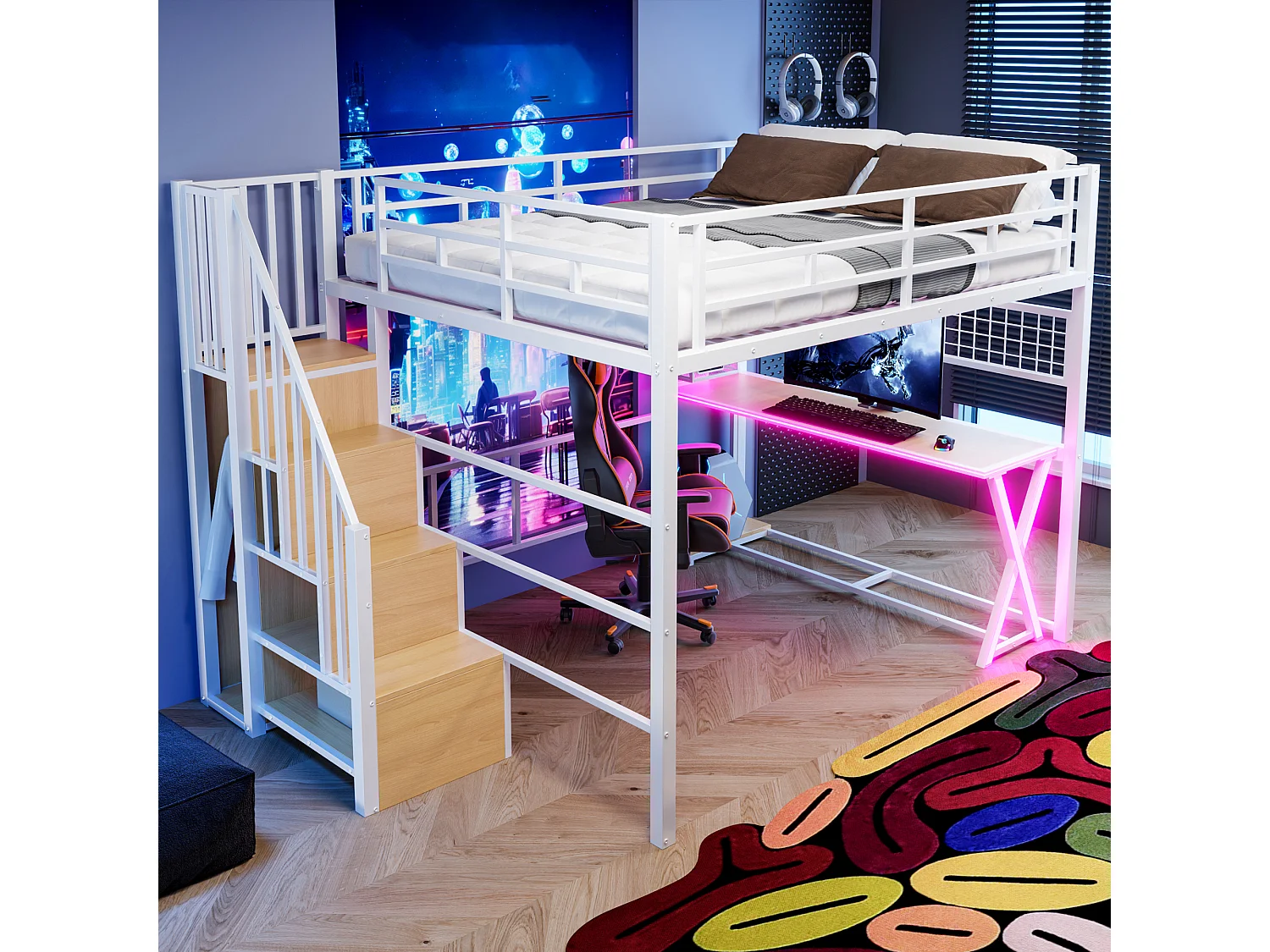 Lit mezzanine 160 x 200 cm – avec éclairage LED – échelle avec rangements – avec bureau – Blanc (matelas non inclus)