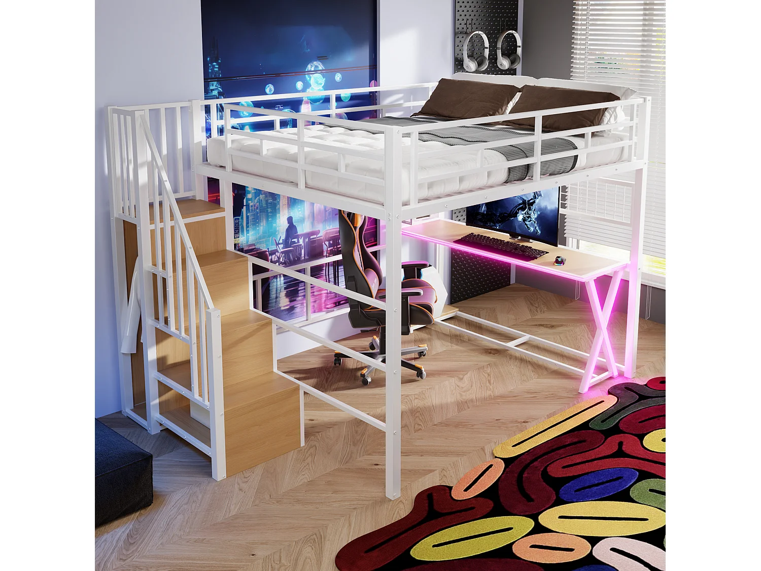 Lit mezzanine 160 x 200 cm – avec éclairage LED – échelle avec rangements – avec bureau – Blanc (matelas non inclus)