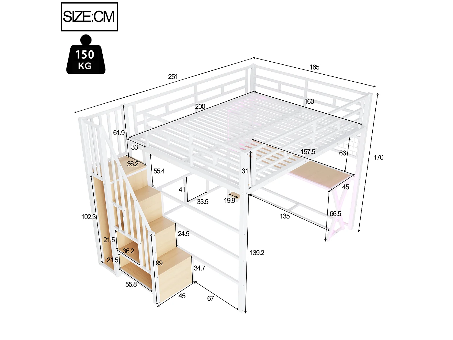 Lit mezzanine 160 x 200 cm – avec éclairage LED – échelle avec rangements – avec bureau – Blanc (matelas non inclus)