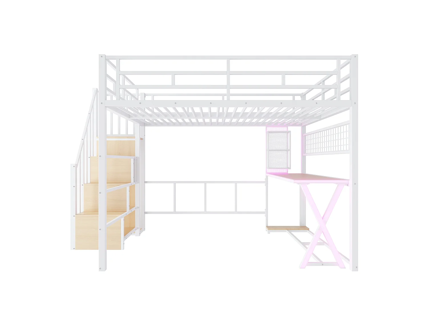 Lit mezzanine 160 x 200 cm – avec éclairage LED – échelle avec rangements – avec bureau – Blanc (matelas non inclus)
