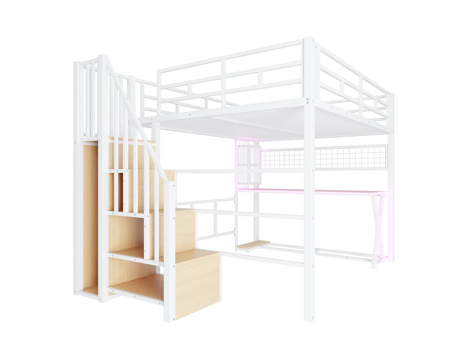 Lit mezzanine 160 x 200 cm – avec éclairage LED – échelle avec rangements – avec bureau – Blanc (matelas non inclus)