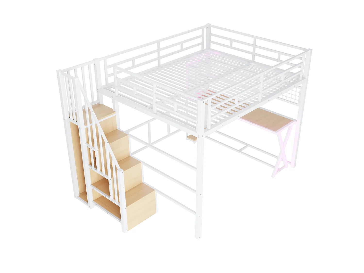 Lit mezzanine 160 x 200 cm – avec éclairage LED – échelle avec rangements – avec bureau – Blanc (matelas non inclus)