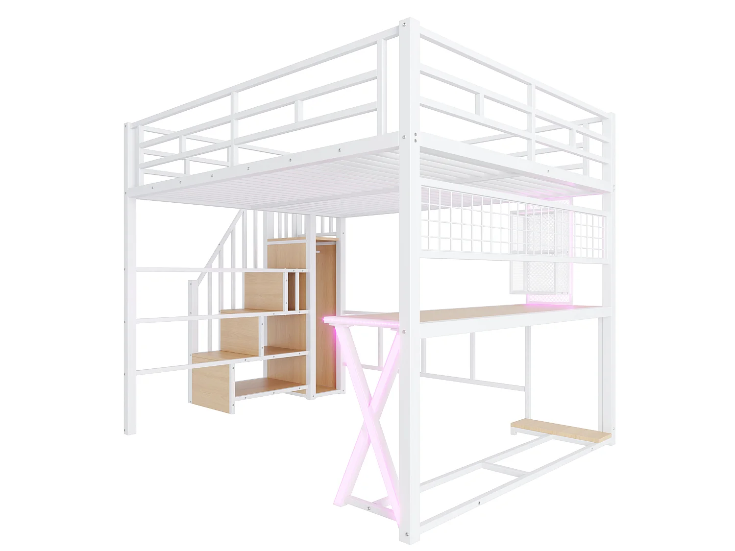 Lit mezzanine 160 x 200 cm – avec éclairage LED – échelle avec rangements – avec bureau – Blanc (matelas non inclus)