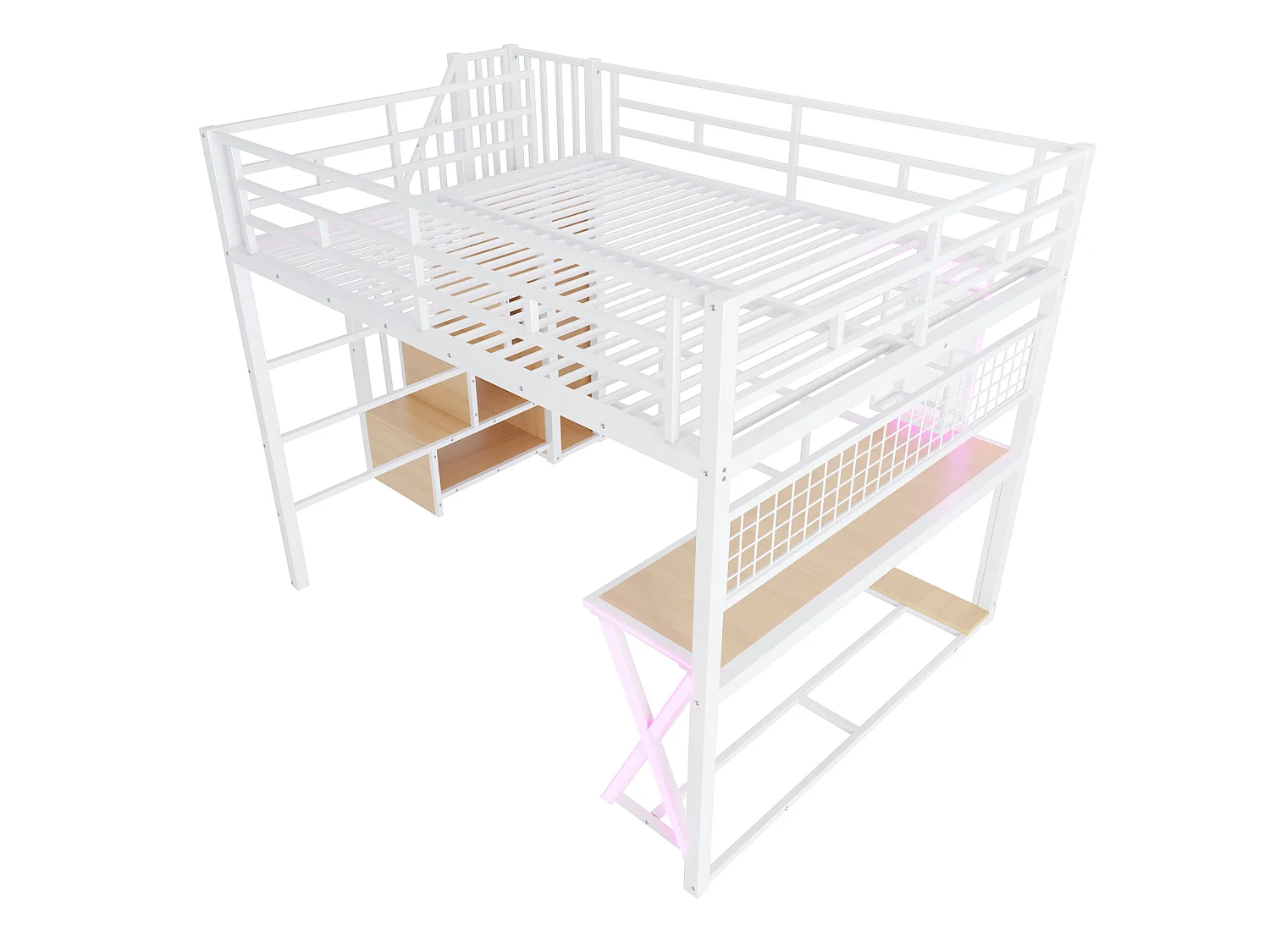 Lit mezzanine 160 x 200 cm – avec éclairage LED – échelle avec rangements – avec bureau – Blanc (matelas non inclus)