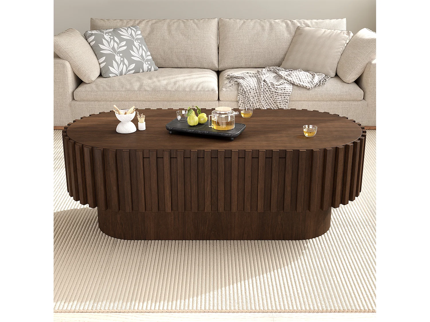 Oval coffee table 100 x 50 x 35.5 cm - With 1 drawer - Decorative design with vertical slats - Walnut effect finish - Brown