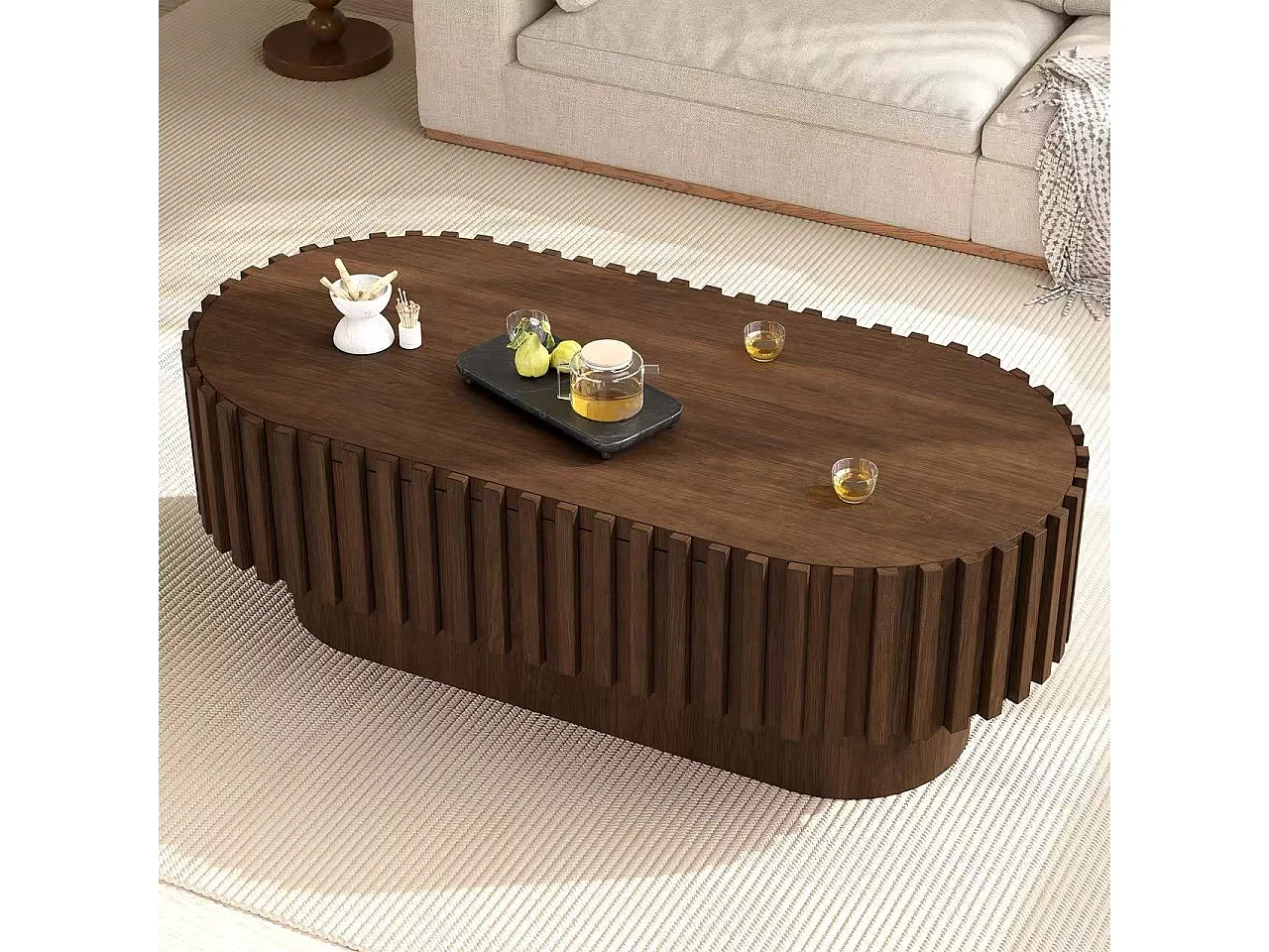 Oval coffee table 100 x 50 x 35.5 cm - With 1 drawer - Decorative design with vertical slats - Walnut effect finish - Brown