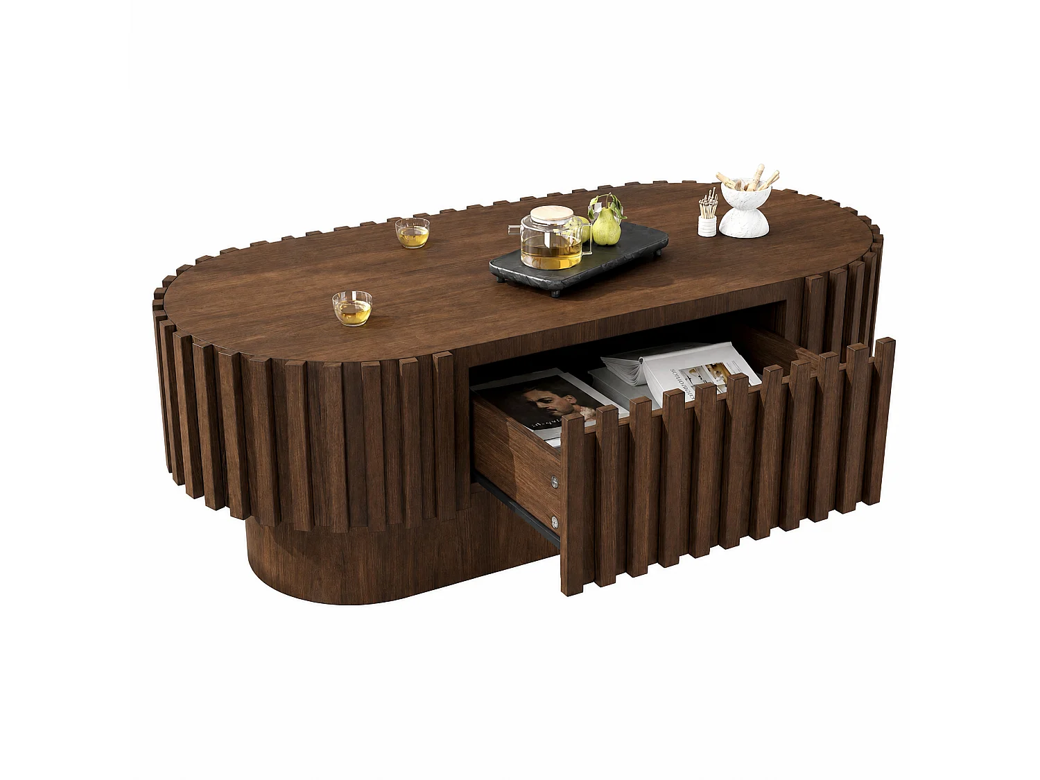 Oval coffee table 100 x 50 x 35.5 cm - With 1 drawer - Decorative design with vertical slats - Walnut effect finish - Brown