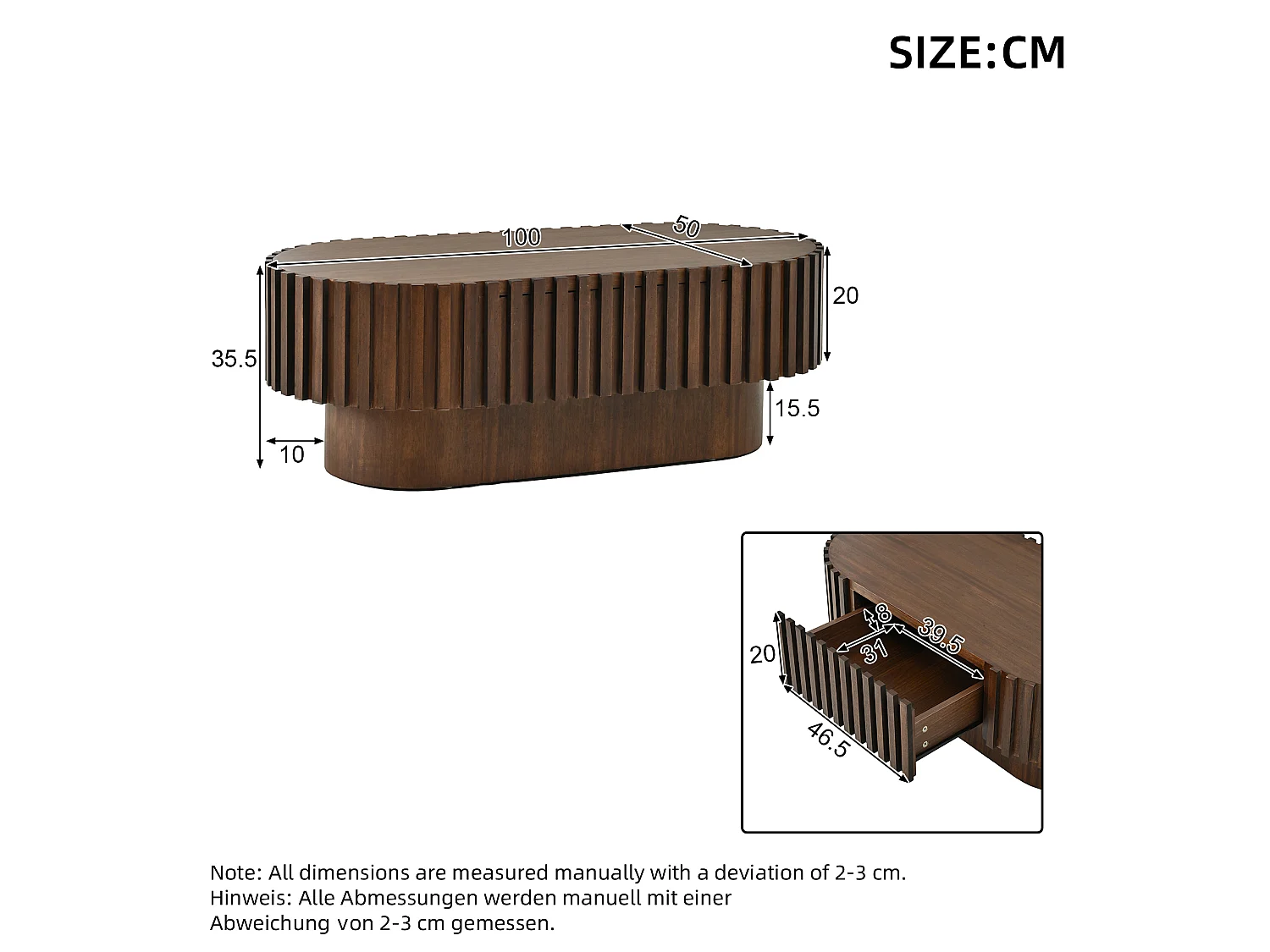 Oval coffee table 100 x 50 x 35.5 cm - With 1 drawer - Decorative design with vertical slats - Walnut effect finish - Brown