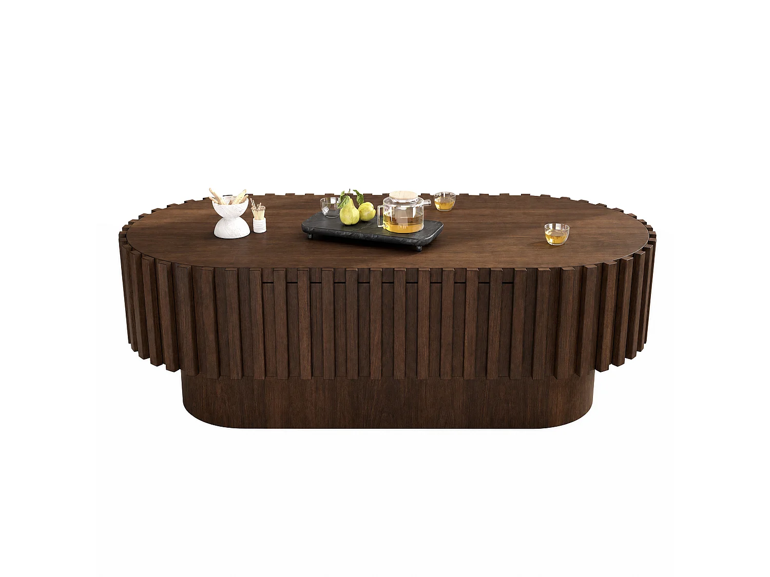 Oval coffee table 100 x 50 x 35.5 cm - With 1 drawer - Decorative design with vertical slats - Walnut effect finish - Brown