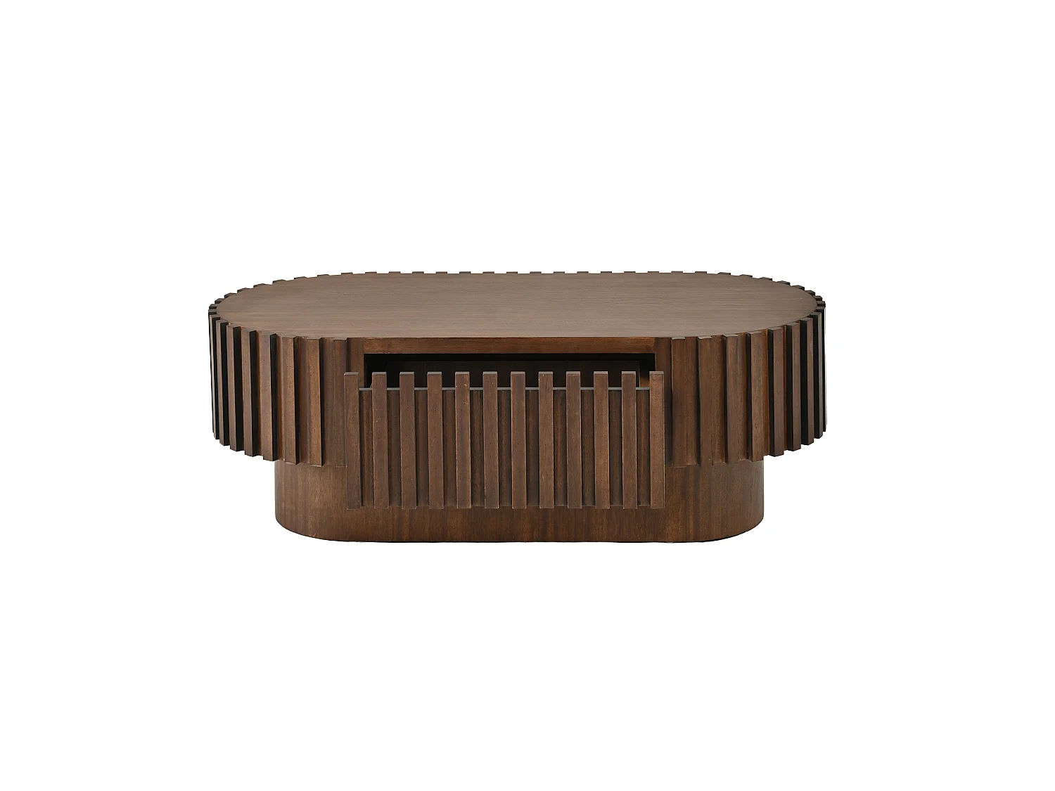 Oval coffee table 100 x 50 x 35.5 cm - With 1 drawer - Decorative design with vertical slats - Walnut effect finish - Brown