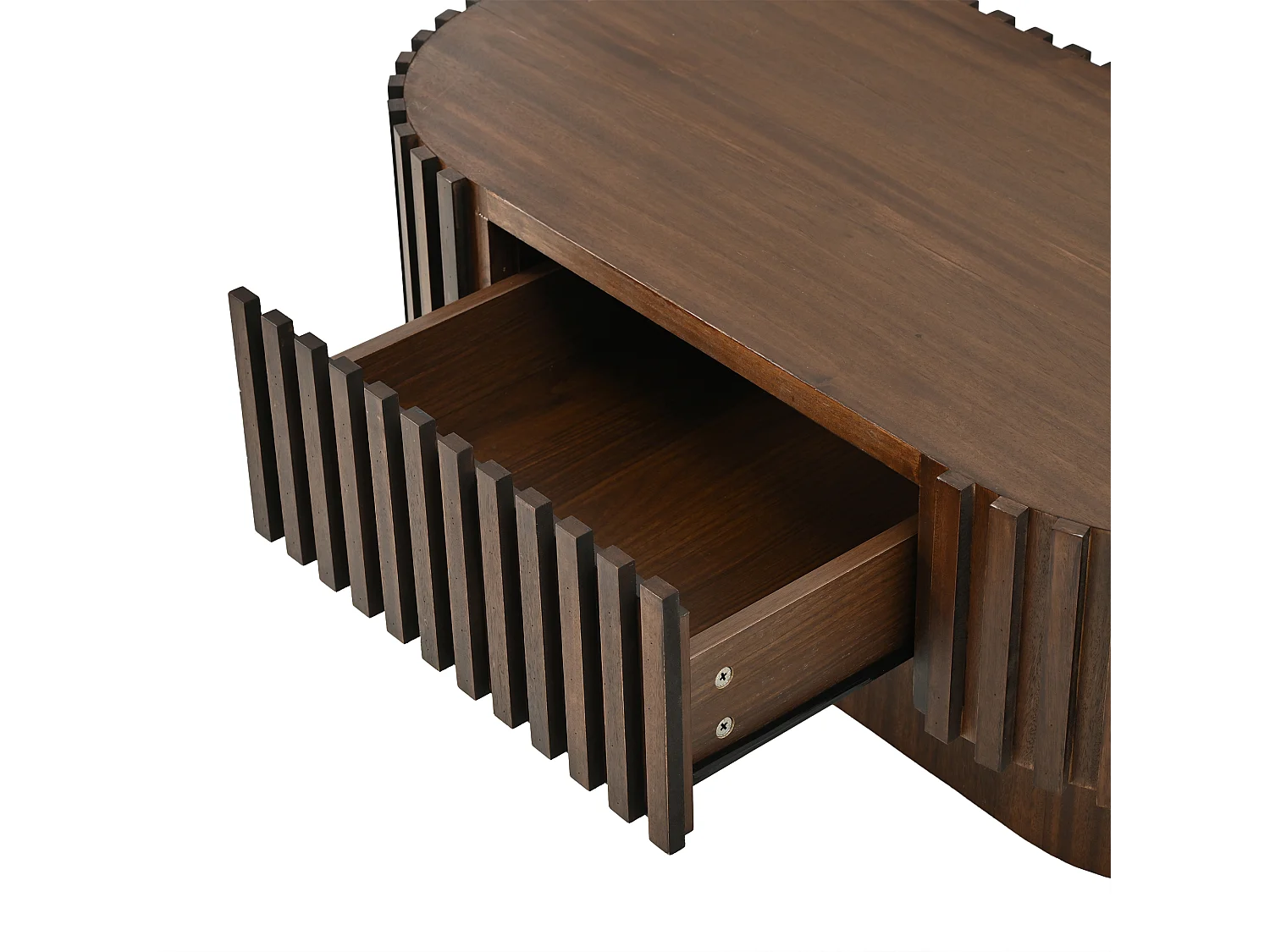 Oval coffee table 100 x 50 x 35.5 cm - With 1 drawer - Decorative design with vertical slats - Walnut effect finish - Brown